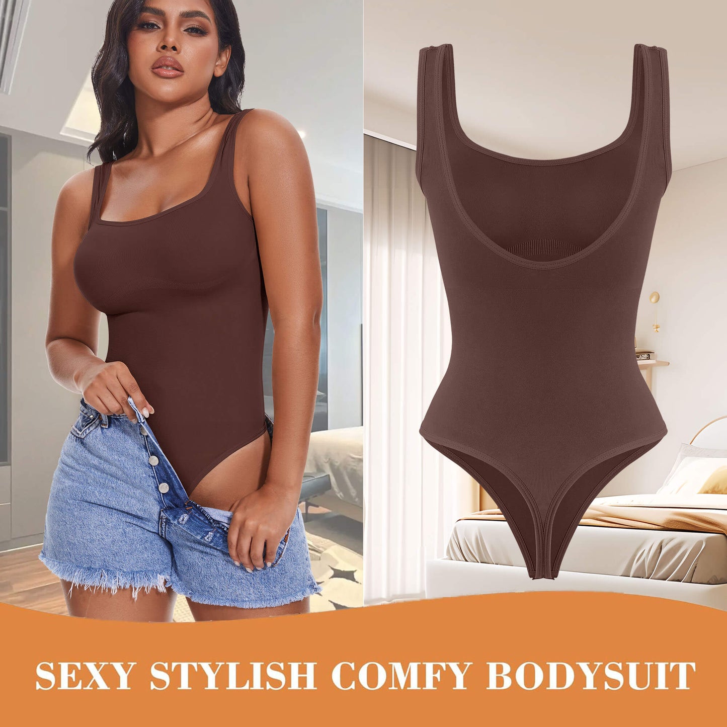 ANYFIT WEAR Backless Square Neck Bodysuit Shapewear for Women Full Body Shaper Tummy Control Butt Lifting Seamless Slimming Tank Top