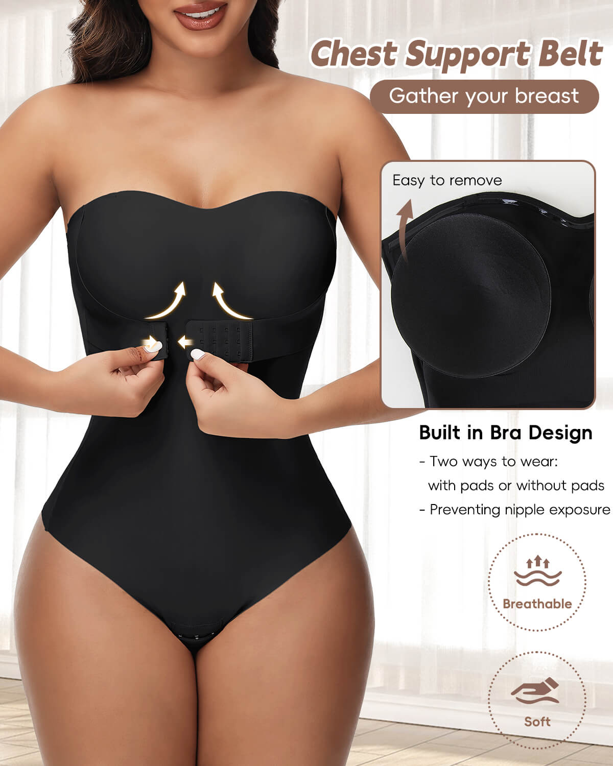 MANIFIQUE Strapless Shapewear Bodysuit Tummy Control for Women Faja Strapless Cupped Thong Bodysuit