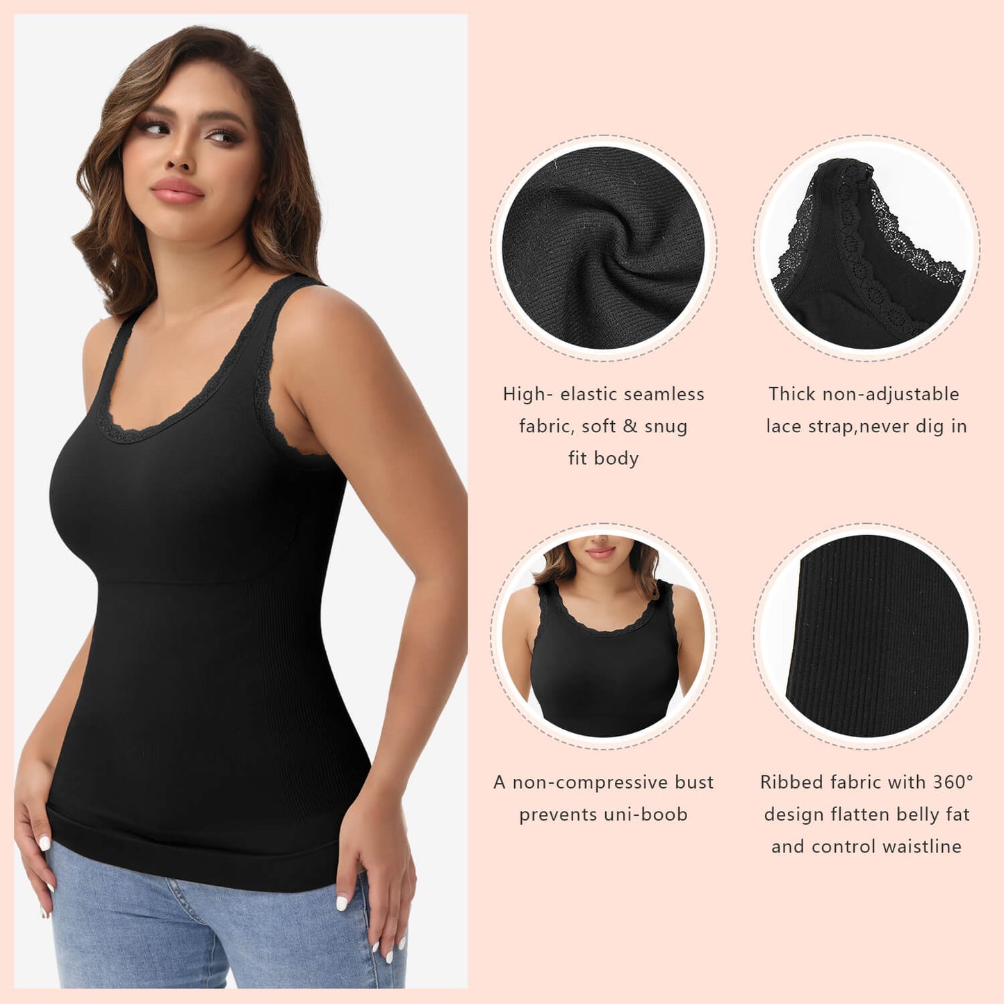 MANIFIQUE 2 Packs Women Tummy Control Shapewear Lace Tank Tops Seamless Compression Tops Slimming Body Shaper Camisole