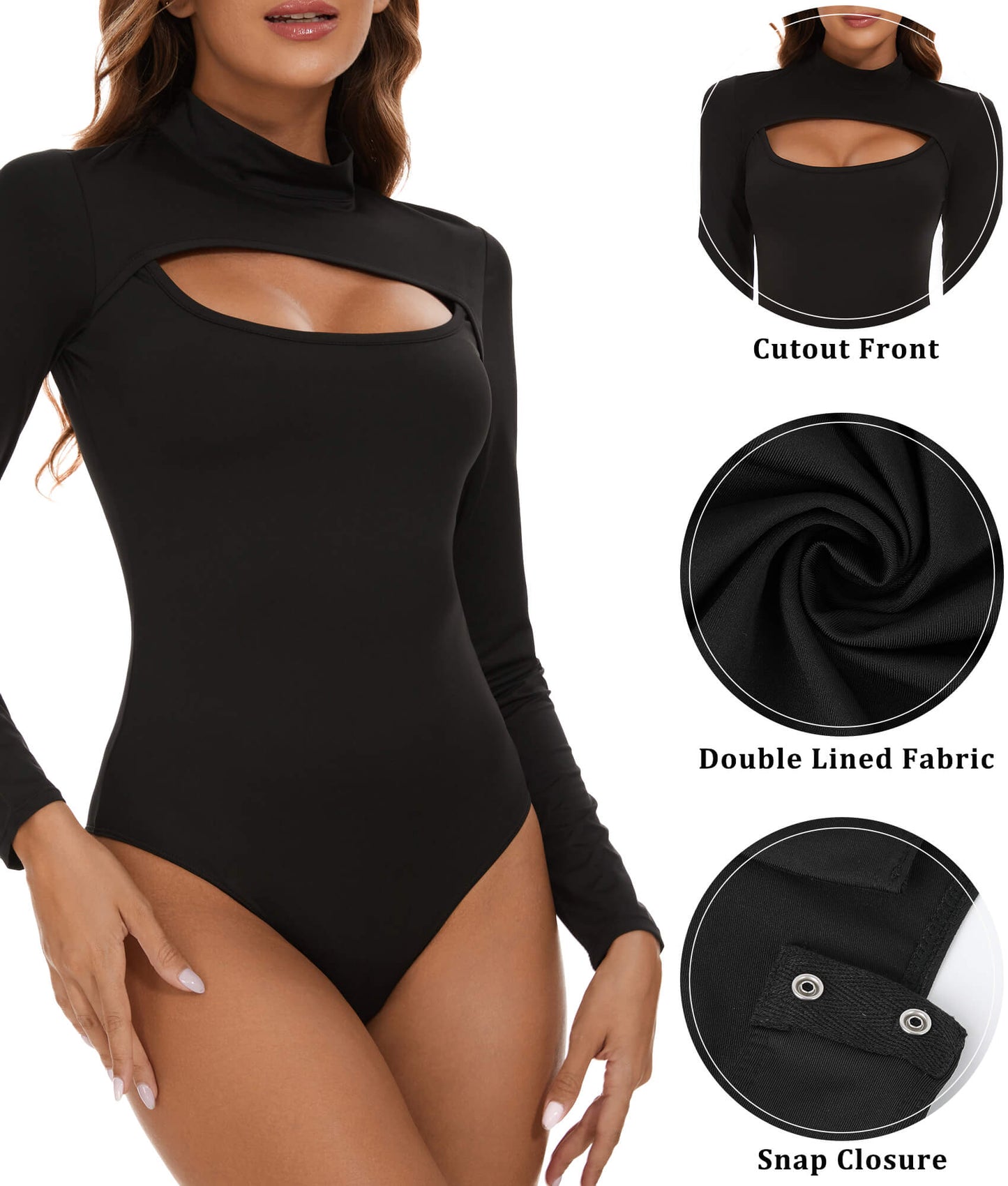 MANIFIQUE Mock Neck Cutout Front T Shirt Long Sleeve Bodysuit for Women