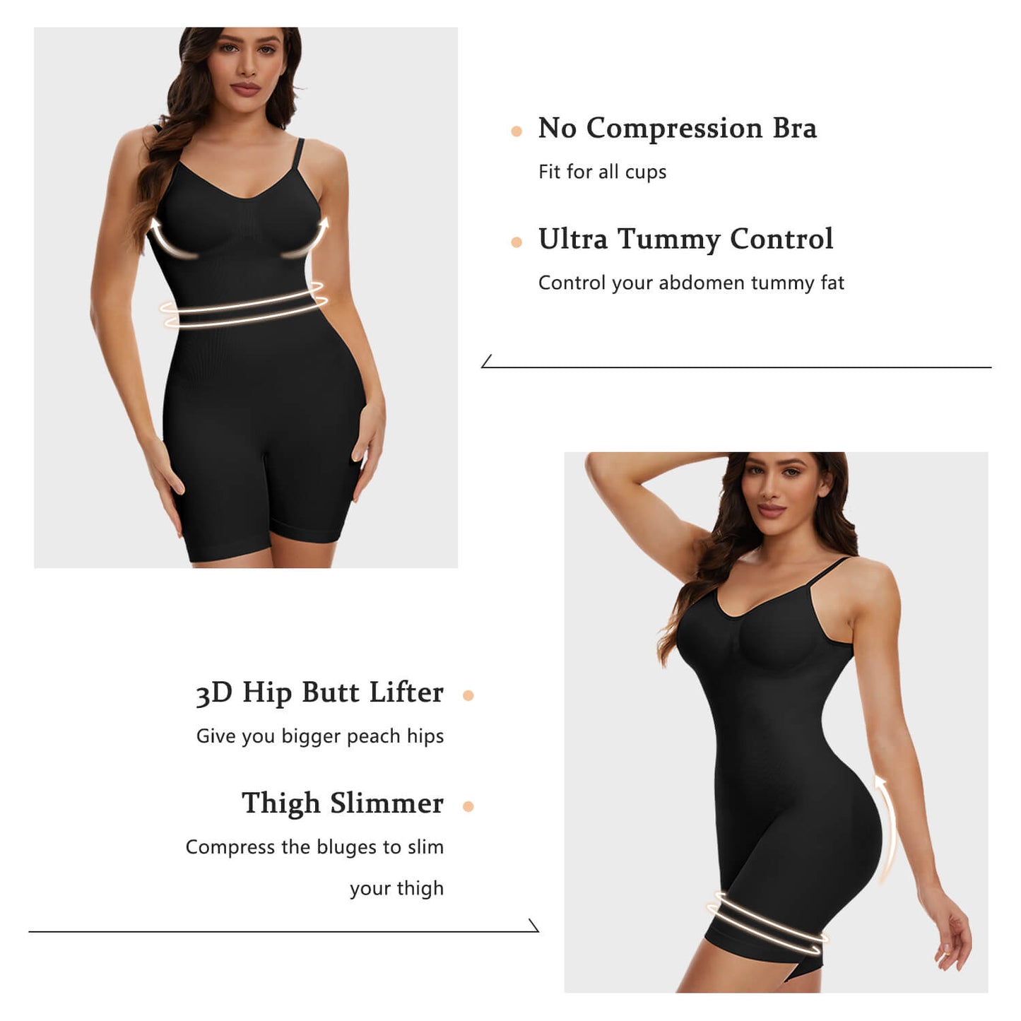 MANIFIQUE 3 Packs Low Back Mid Thigh Bodysuit Shapewear for Women Tummy Control Butt Lifter Backless Faja Body Shaper