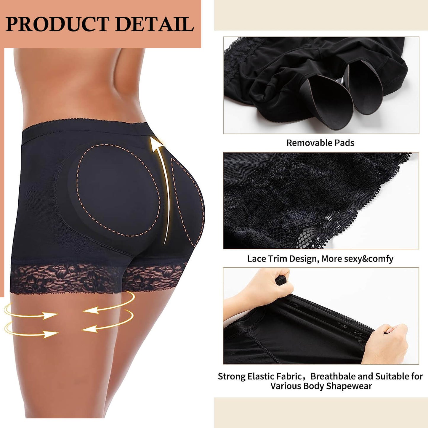 MANIFIQUE Padded Underwear for Women Butt Lifter Seamless Booty Pads Butt Enhancer Panties Lace Shapewear Boyshorts
