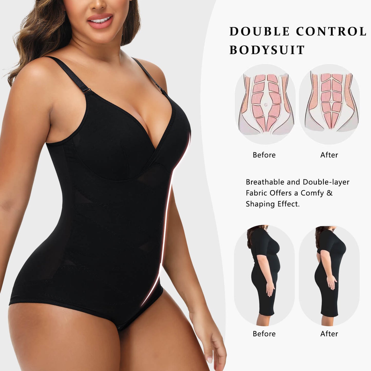 MANIFIQUE Shapewear Bodysuit for Women Tummy Control Body Shaper V-Neck Cami Bodysuit with Built in Bra