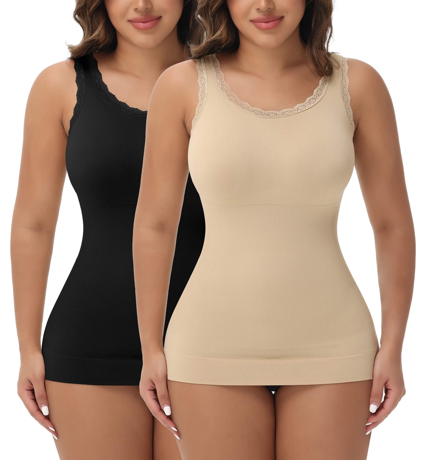 MANIFIQUE 2 Packs Women Tummy Control Shapewear Lace Tank Tops Seamless Compression Tops Slimming Body Shaper Camisole