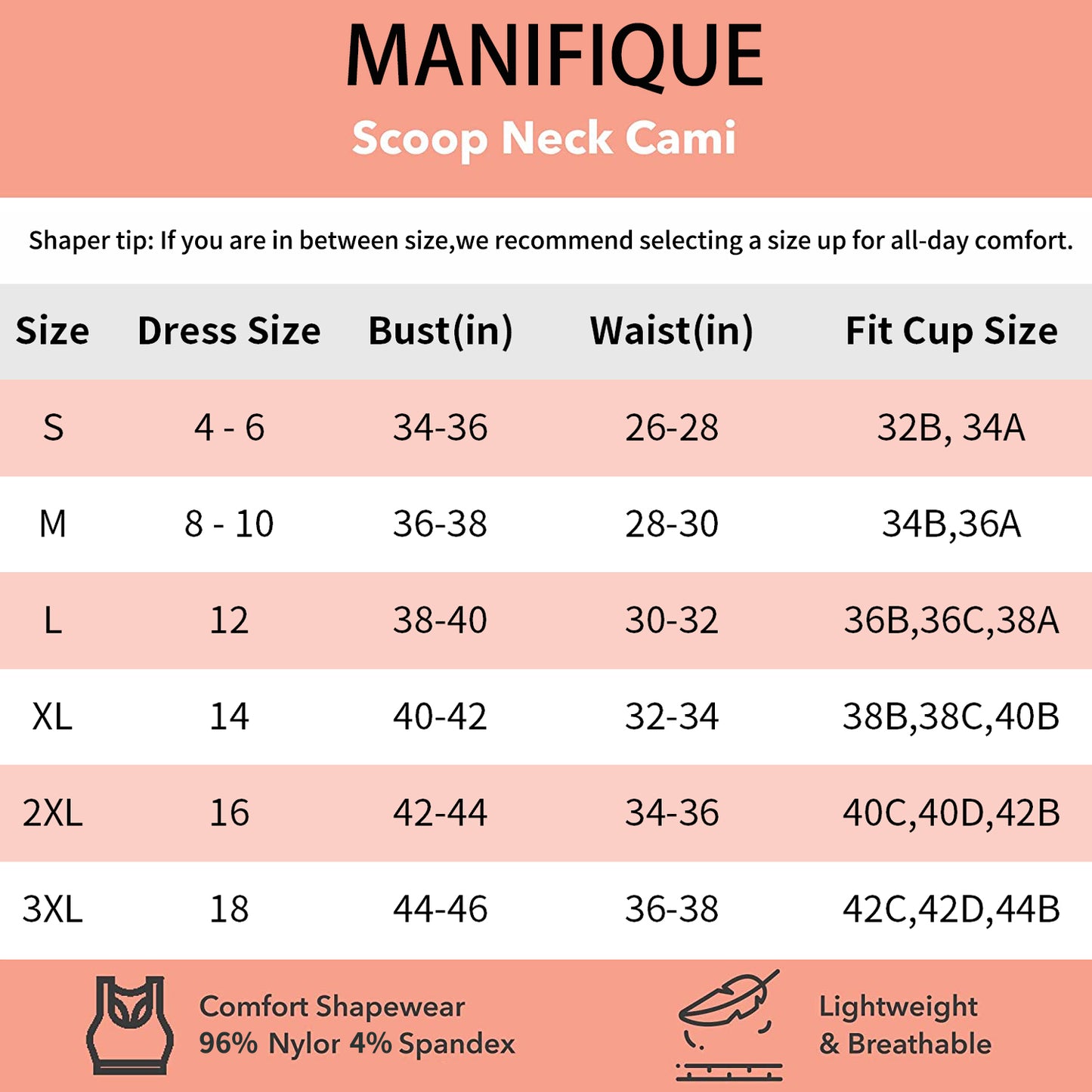 MANIFIQUE Scoop Neck Compression Cami - Tummy and Waist Control Body Shapewear Camisole with Built-in Padded Bras