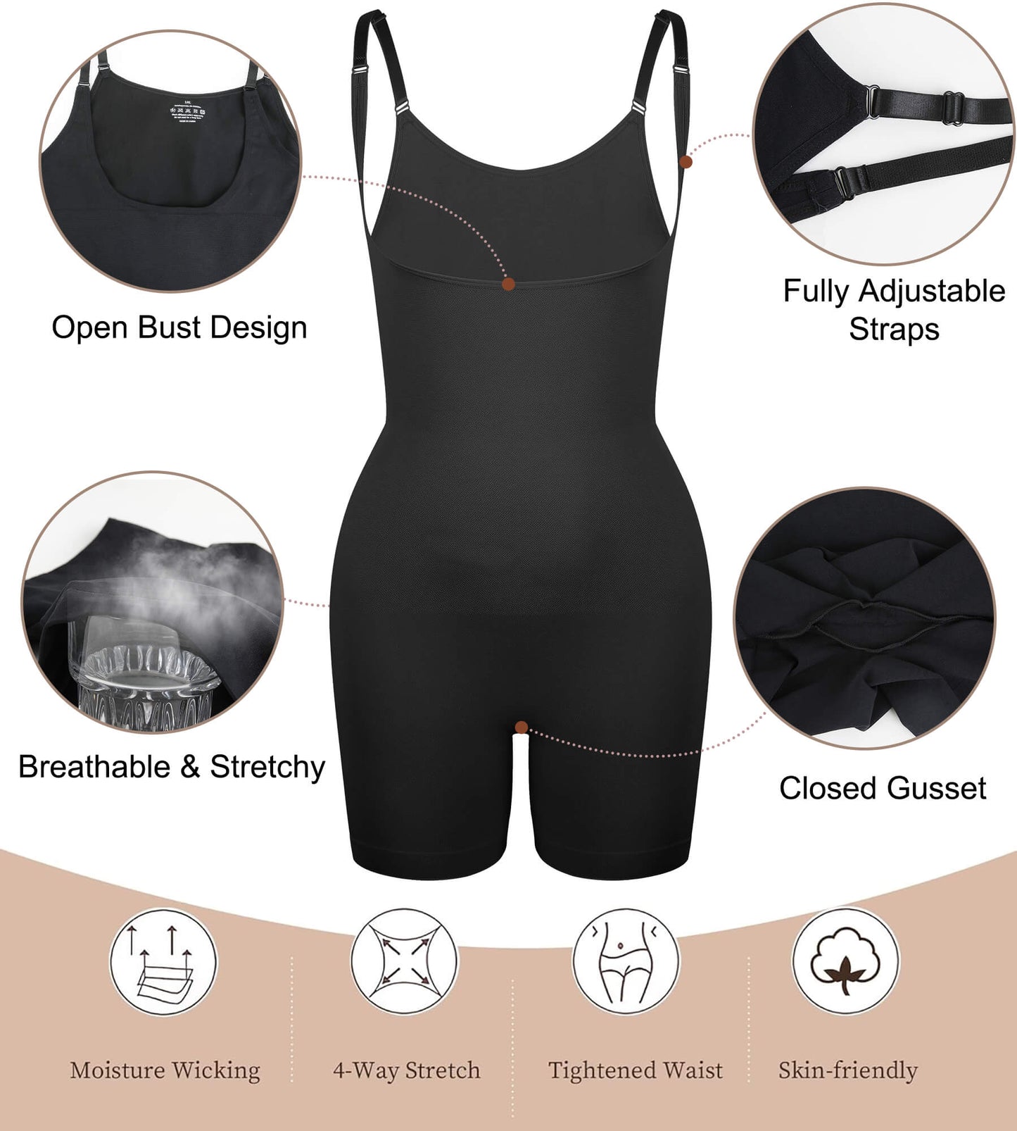 MANIFIQUE Plus Size Open-Bust Shapewear Tummy Control Mid-Thigh Bodysuit, High-Waist Thigh Slimmer, Shapewear for Women