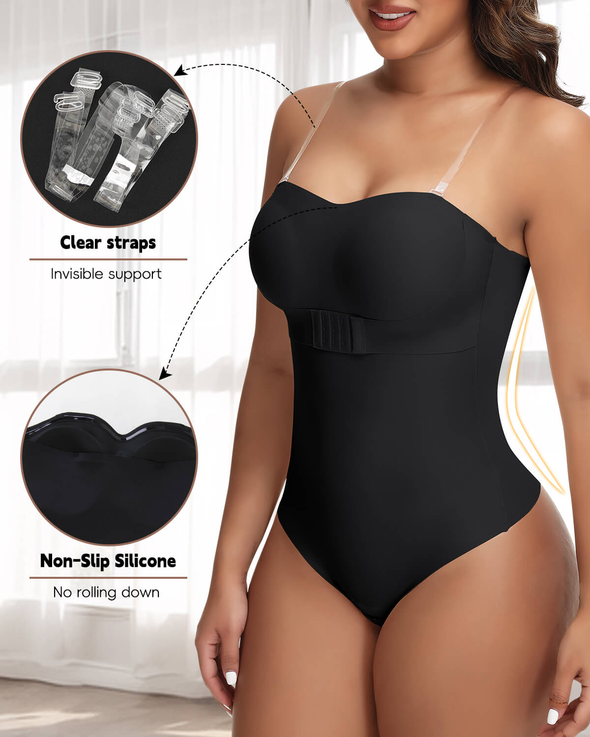 MANIFIQUE Strapless Shapewear Bodysuit Tummy Control for Women Faja Strapless Cupped Thong Bodysuit
