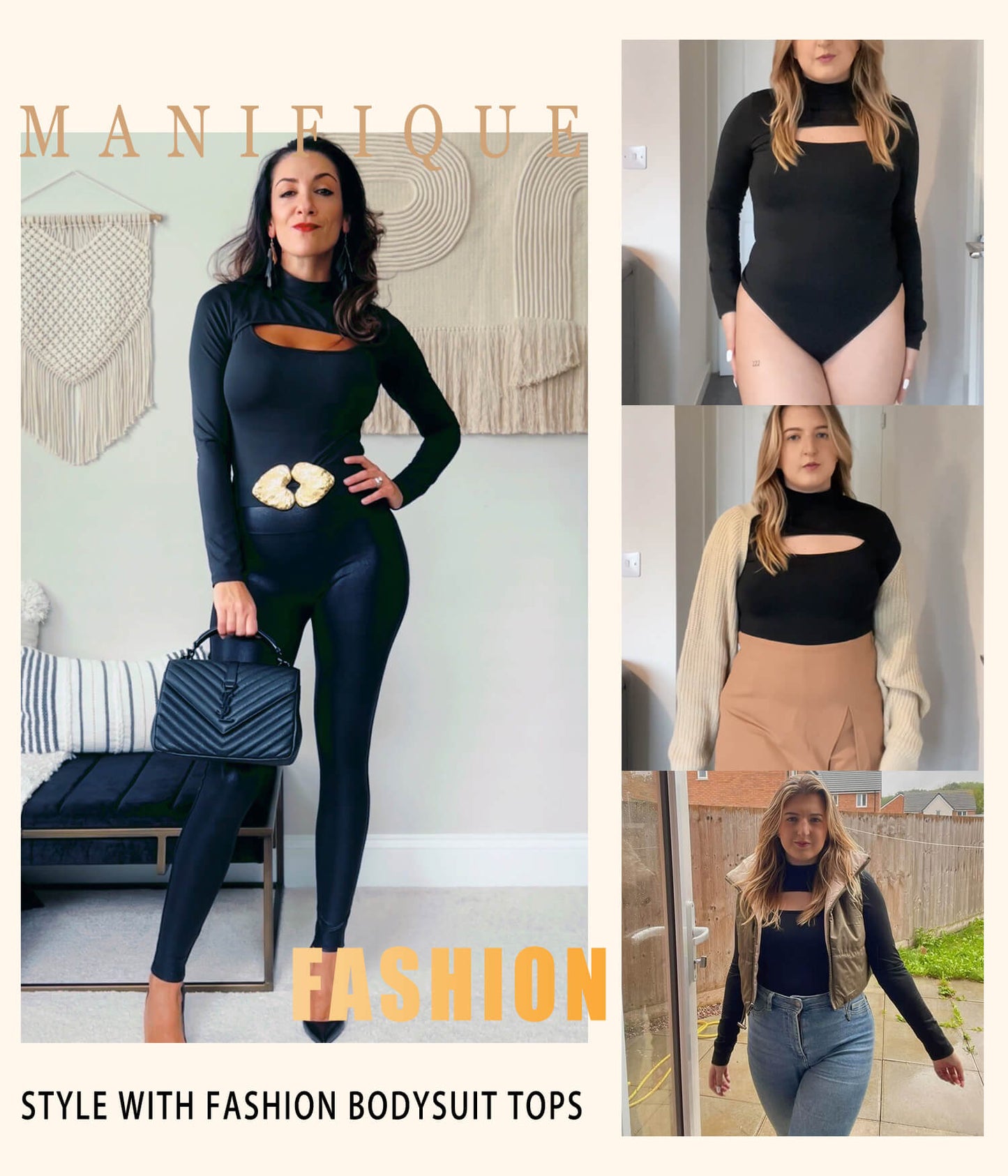 MANIFIQUE Mock Neck Cutout Front T Shirt Long Sleeve Bodysuit for Women