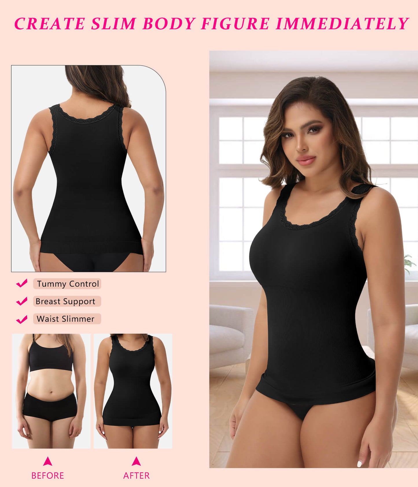 MANIFIQUE 2 Packs Women Tummy Control Shapewear Lace Tank Tops Seamless Compression Tops Slimming Body Shaper Camisole