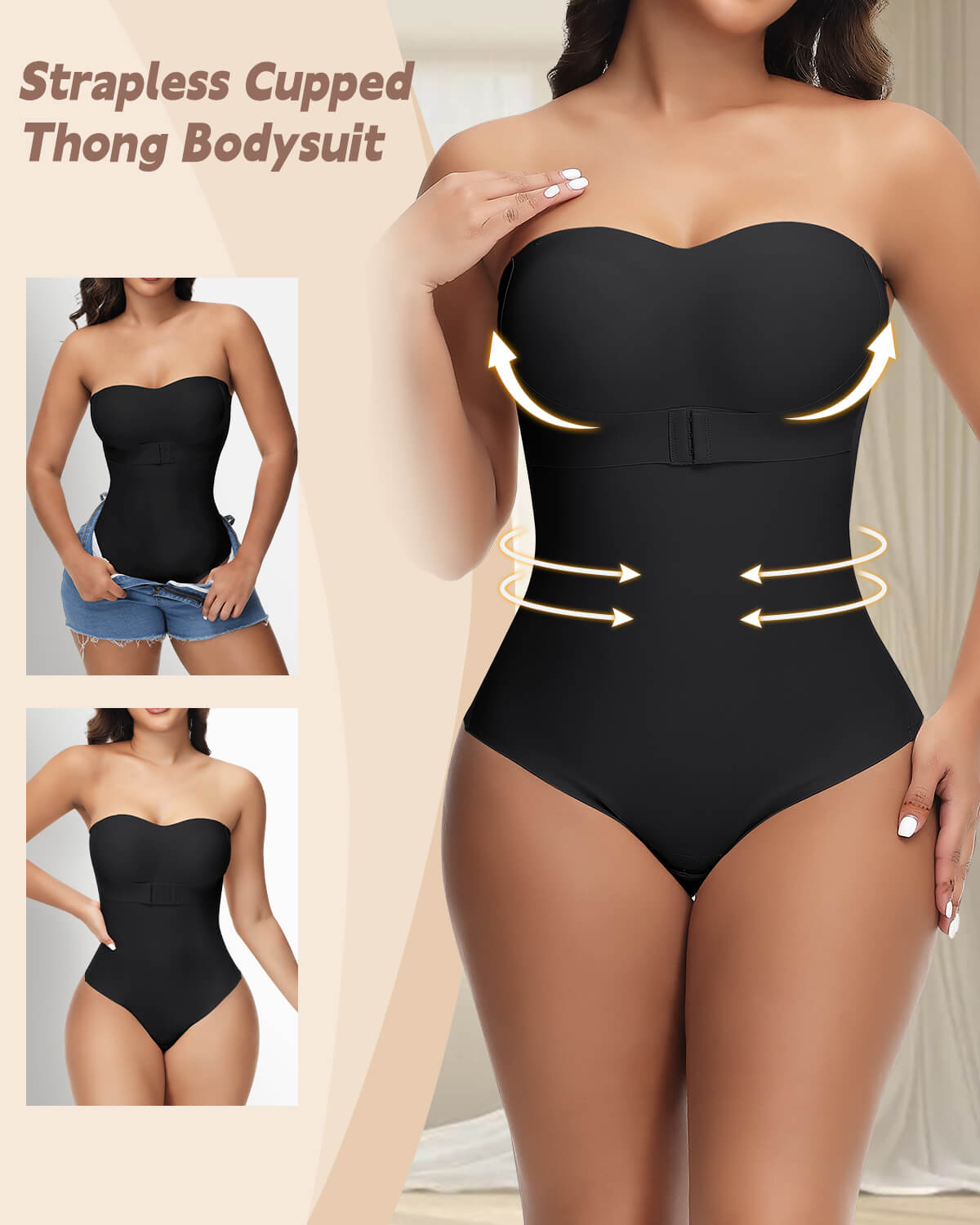 MANIFIQUE Strapless Shapewear Bodysuit Tummy Control for Women Faja Strapless Cupped Thong Bodysuit