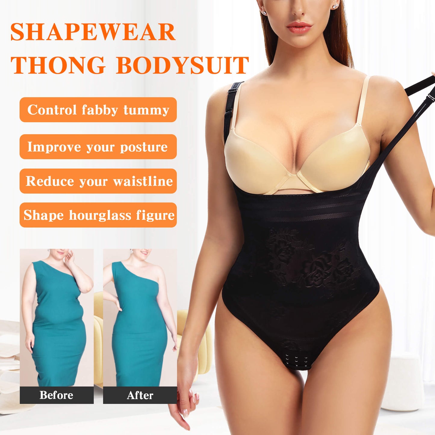 MANIFIQUE Thong Shapewear Bodysuit for Women Tummy Control Open Bust Body Shaper Slimmer Shaping Thong