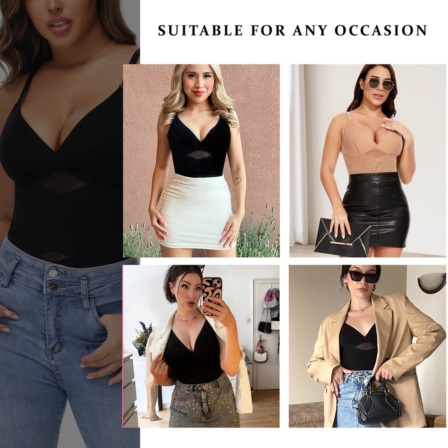 MANIFIQUE Shapewear Bodysuit for Women Tummy Control Body Shaper V-Neck Cami Bodysuit with Built in Bra