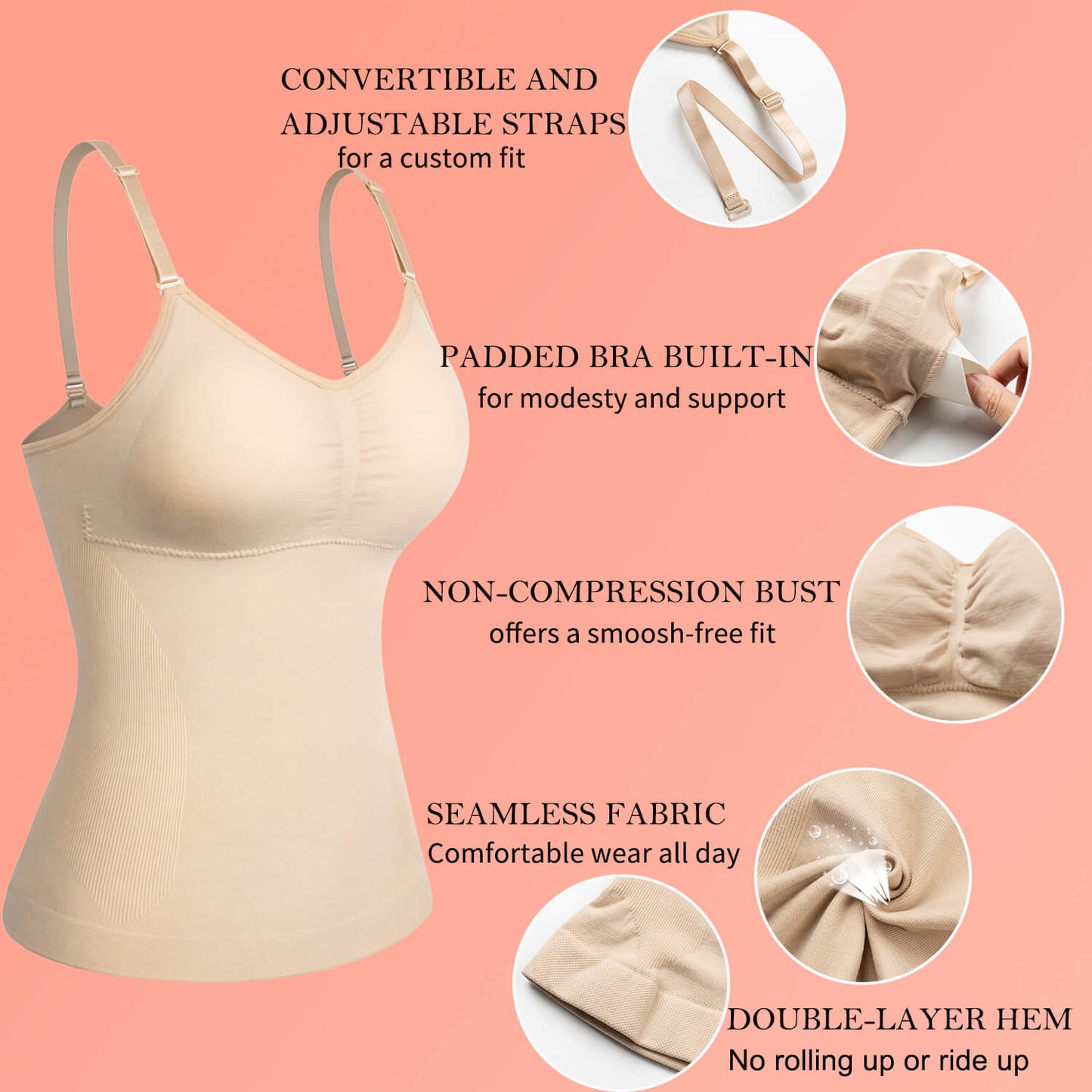 MANIFIQUE Scoop Neck Compression Cami - Tummy and Waist Control Body Shapewear Camisole with Built-in Padded Bras