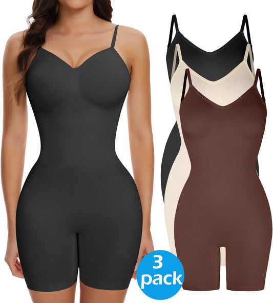 MANIFIQUE 3 Packs Low Back Mid Thigh Bodysuit Shapewear for Women Tummy Control Butt Lifter Backless Faja Body Shaper