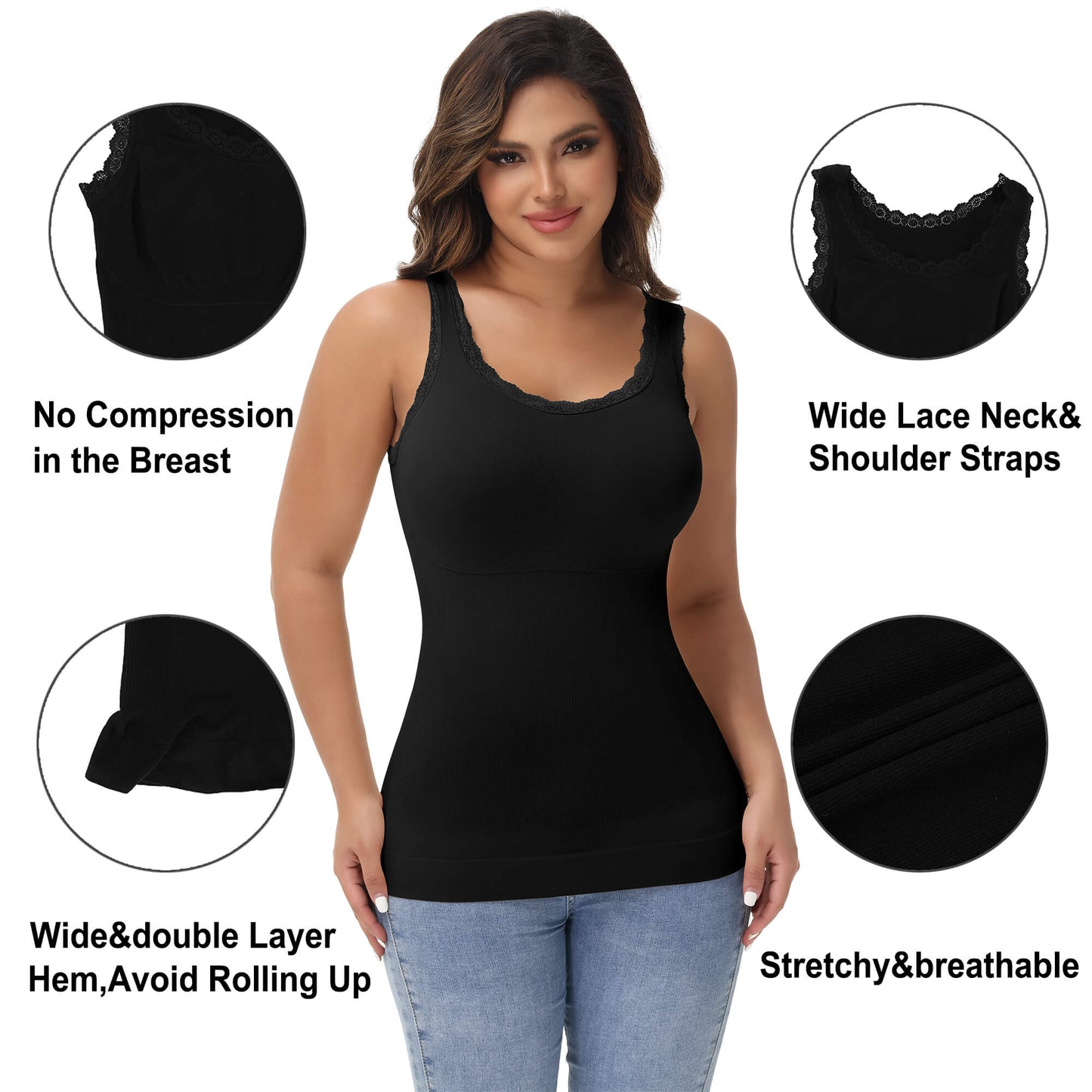 ANYFIT WEAR Lace Cami Shapewear Tank Tops for Women Tummy Control Body Shaper Slimming Camisole Compression Shirt