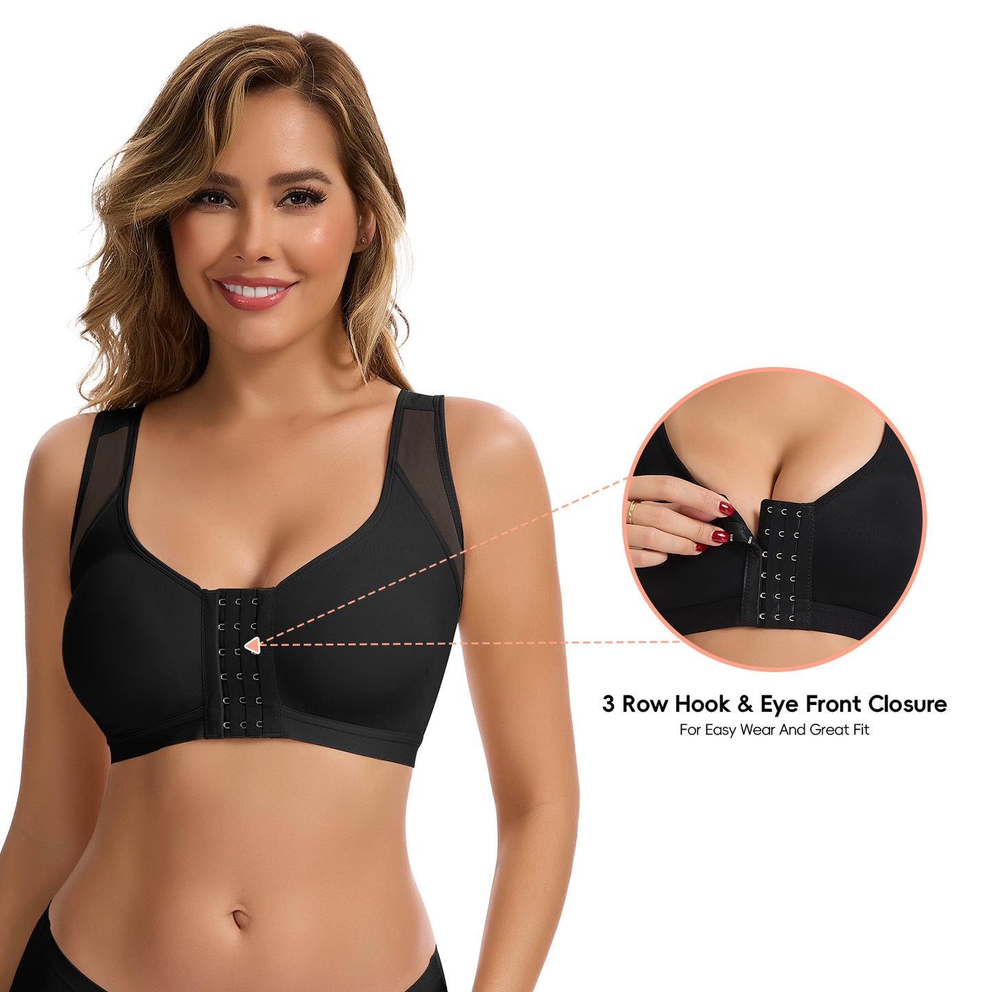 Vaslanda Front Closure Compression Bra for Women Post Surgery Recovery Support Bra with Adjustable Straps Breast Augmentation Mastectomy Bra