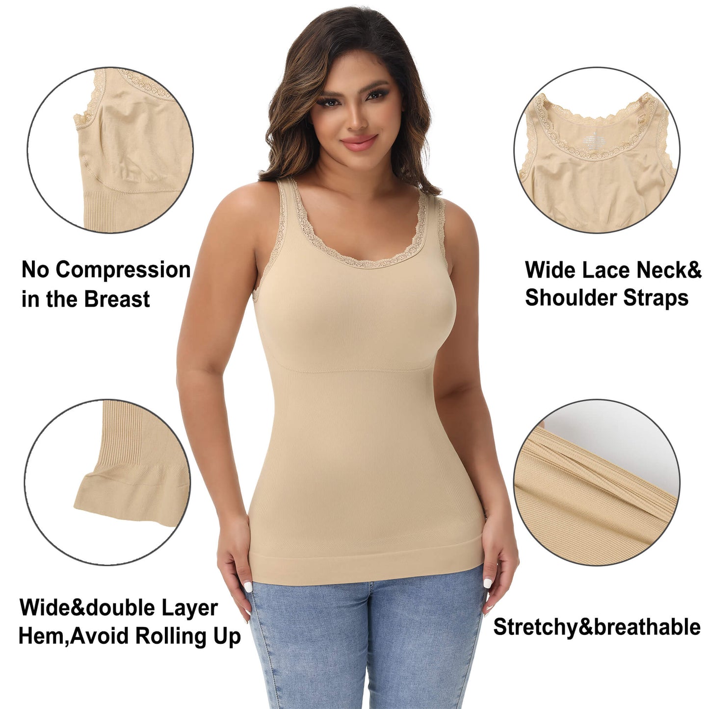 ANYFIT WEAR Lace Cami Shapewear Tank Tops for Women Tummy Control Body Shaper Slimming Camisole Compression Shirt