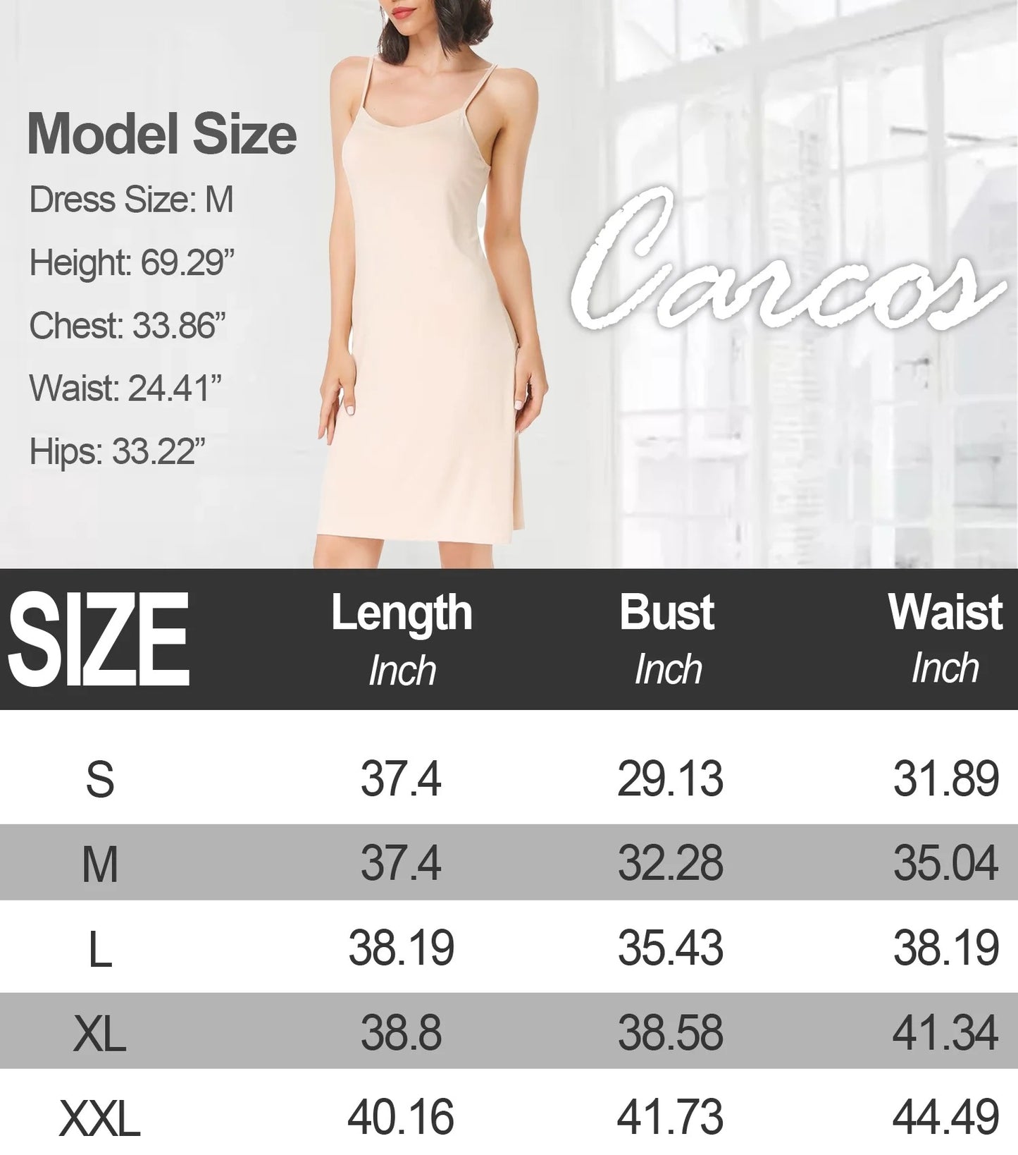 CARCOS Women's Basic Adjustable Spaghetti Strap Cami Full Slip Mini Dress