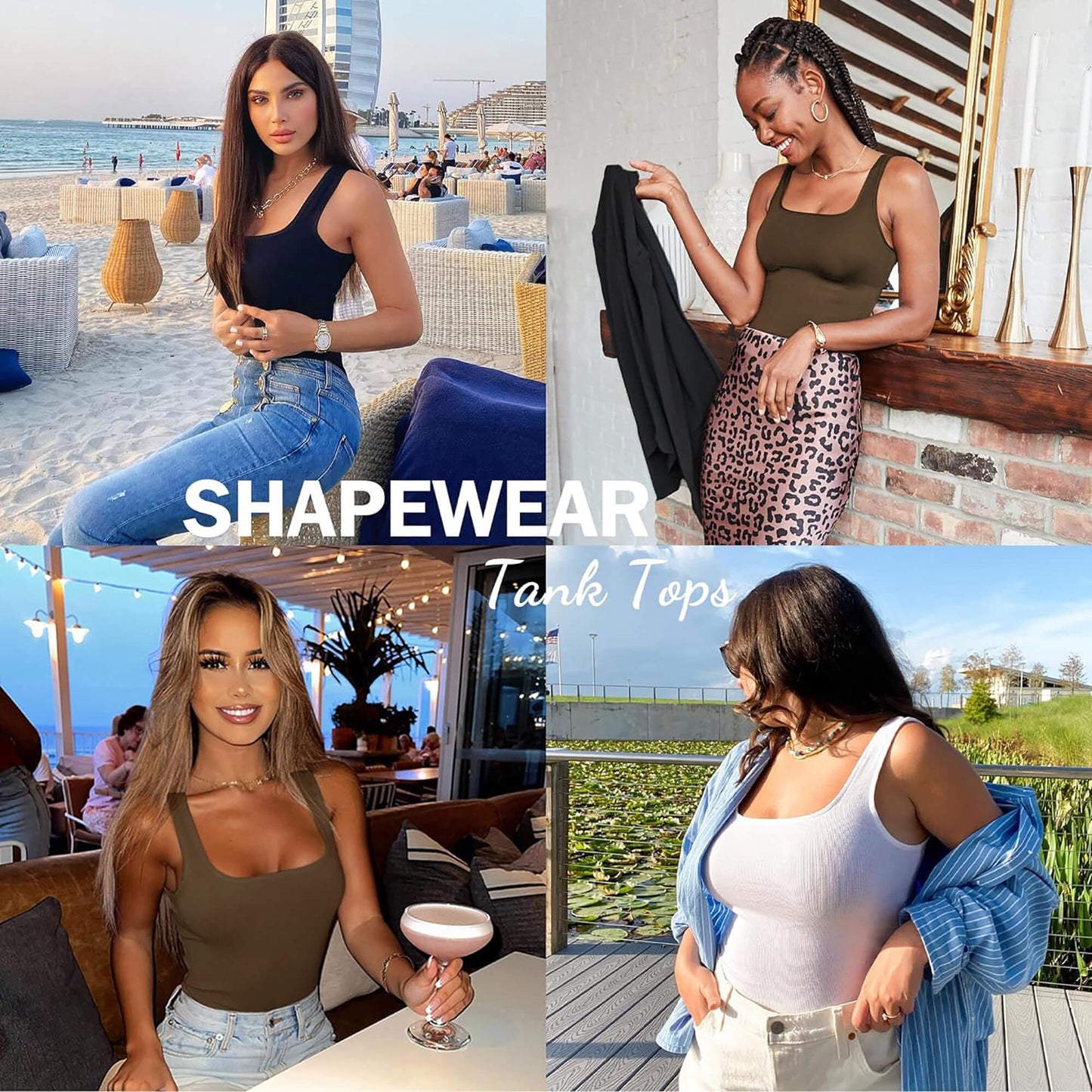 ANYFIT WEAR Women's Square Neck Tummy Control Shapewear Ribbed Tank Tops Compression Camisole Slimming Body Shaper