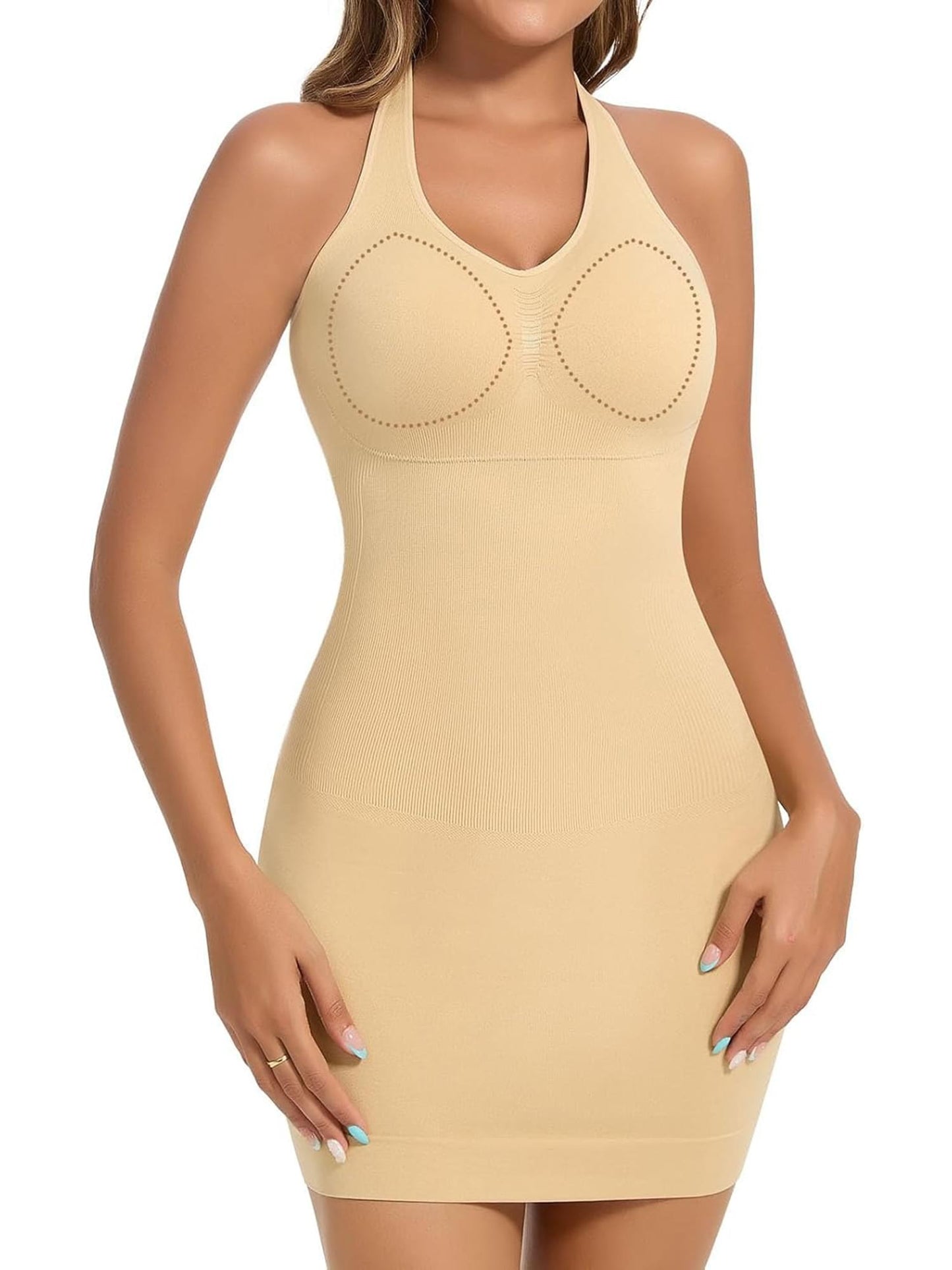 COMFREE Women Shapewear Slips Halter Dress with Built in Bra Tummy Control Full Slips Adjustable Strap