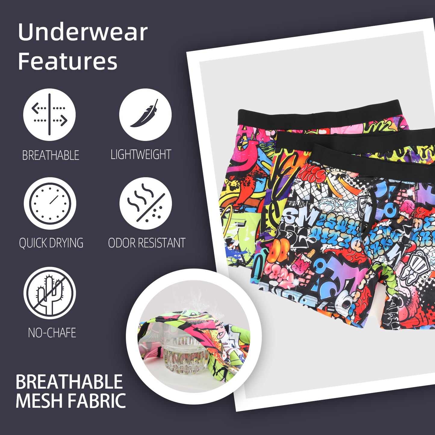 Lalamelon 3 PACK Big and Tall Mens Boxer Briefs Scrawl Print Plus Size Underwear With Fly Comfy Breathable Boxers