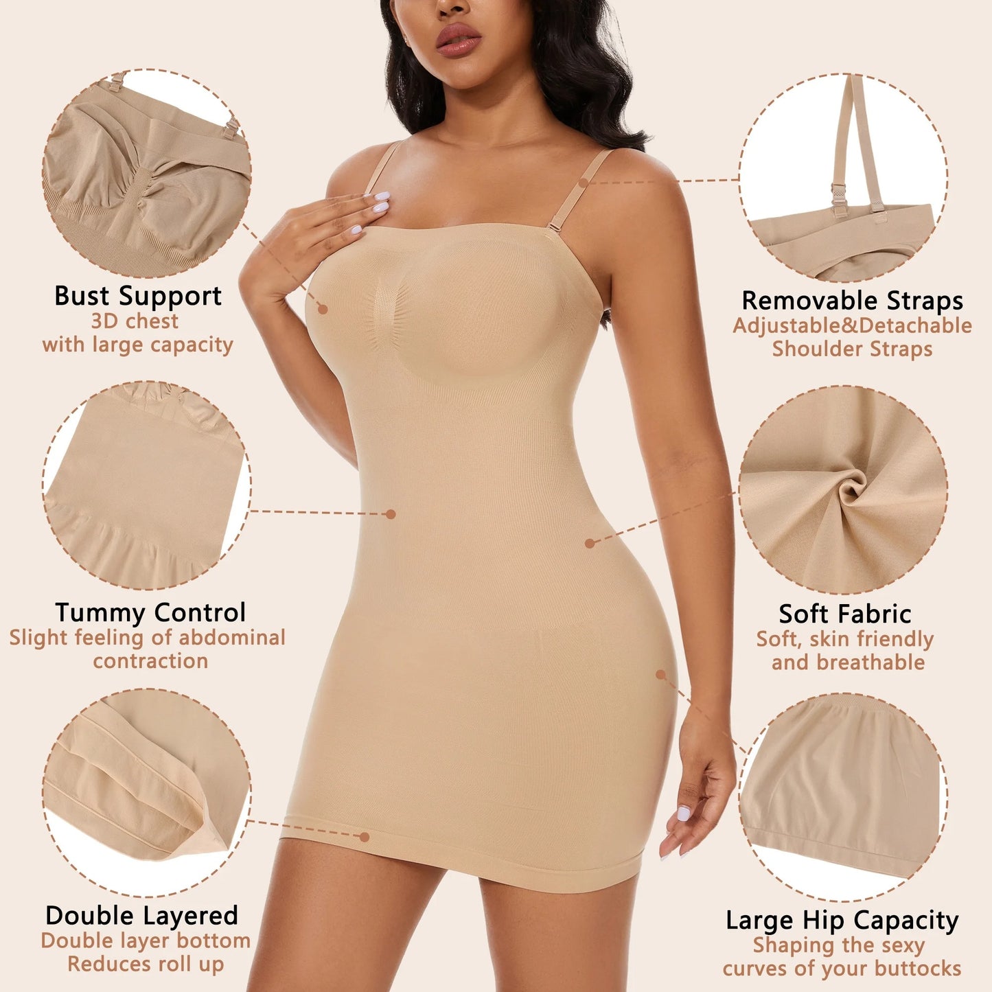 COMFREE Strapless Shapewear Slips for Women Under Dresses Tummy Control Slip Body Shaper Seamless