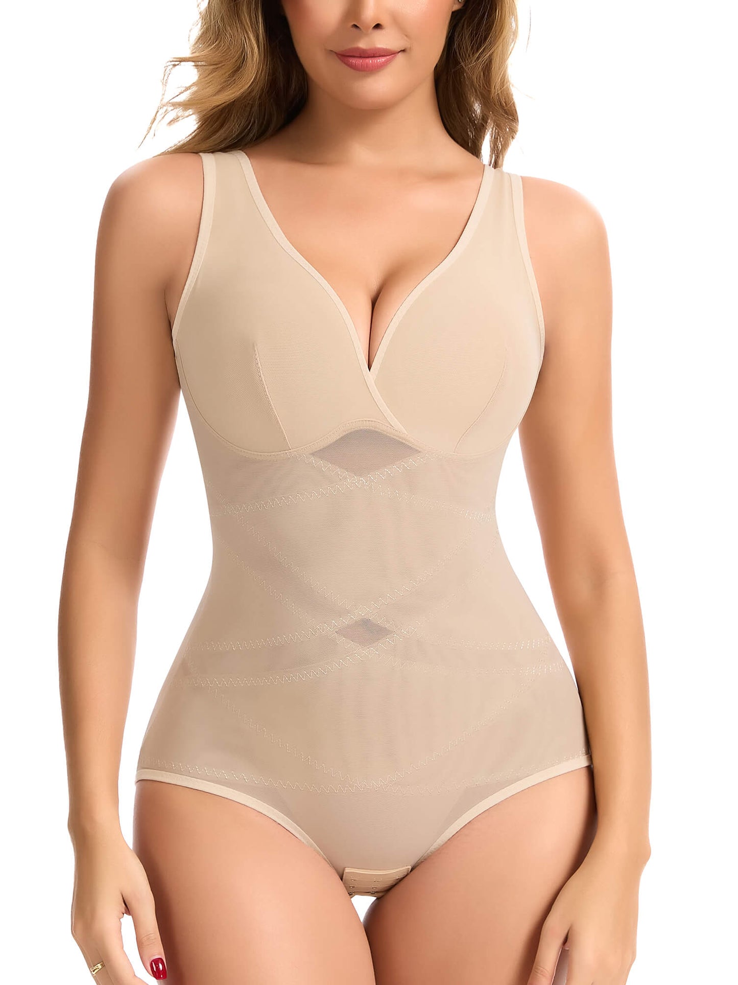 MANIFIQUE Shapewear for Women Tummy Control Bodysuit Faja Body Shaper Waist Trainer V Neck Body Suit with Built in Bra