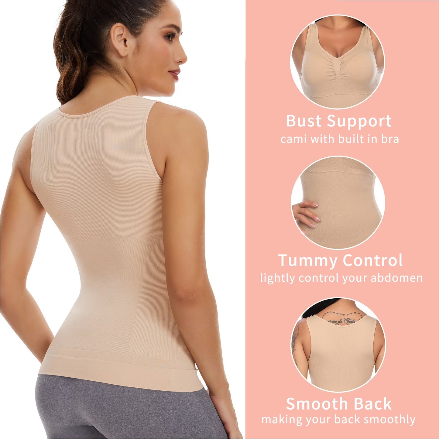 COMFREE Shapewear Camisoles with Built in Bra Tummy Control Compression Tank Tops for Women Body Shaper Padded Tanks