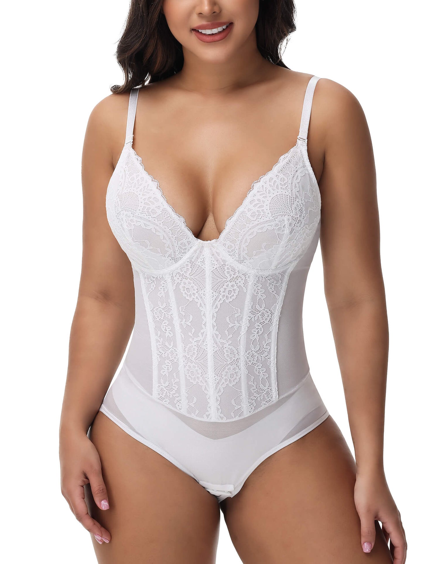 MANIFIQUE Corset Bodysuit Built in Bra - V Neck Bodysuits for Women Tummy Control Shapewear
