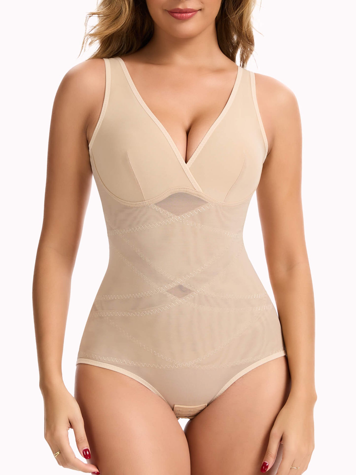 Vaslanda Shapewear Bodysuits for Women Tummy Control Faja Body Shaper Waist Trainer V Neck Body Suit with Built in Bra