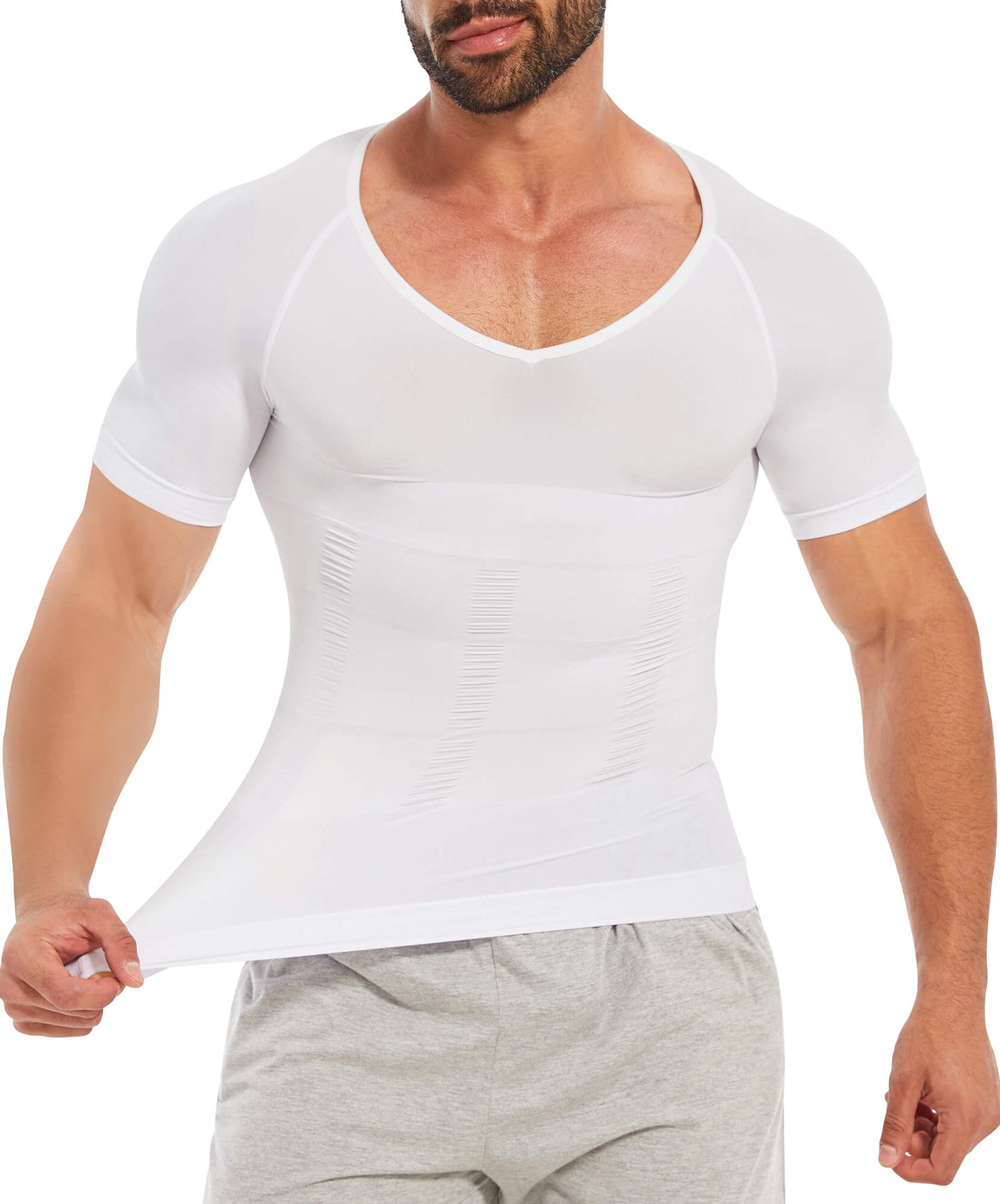 MANIFIQUE Gynecomastia Compression Shirts for Men, Shapewear Slimming Body Shaper Undershirt, V-Neck Baselayer T-Shirt Workout
