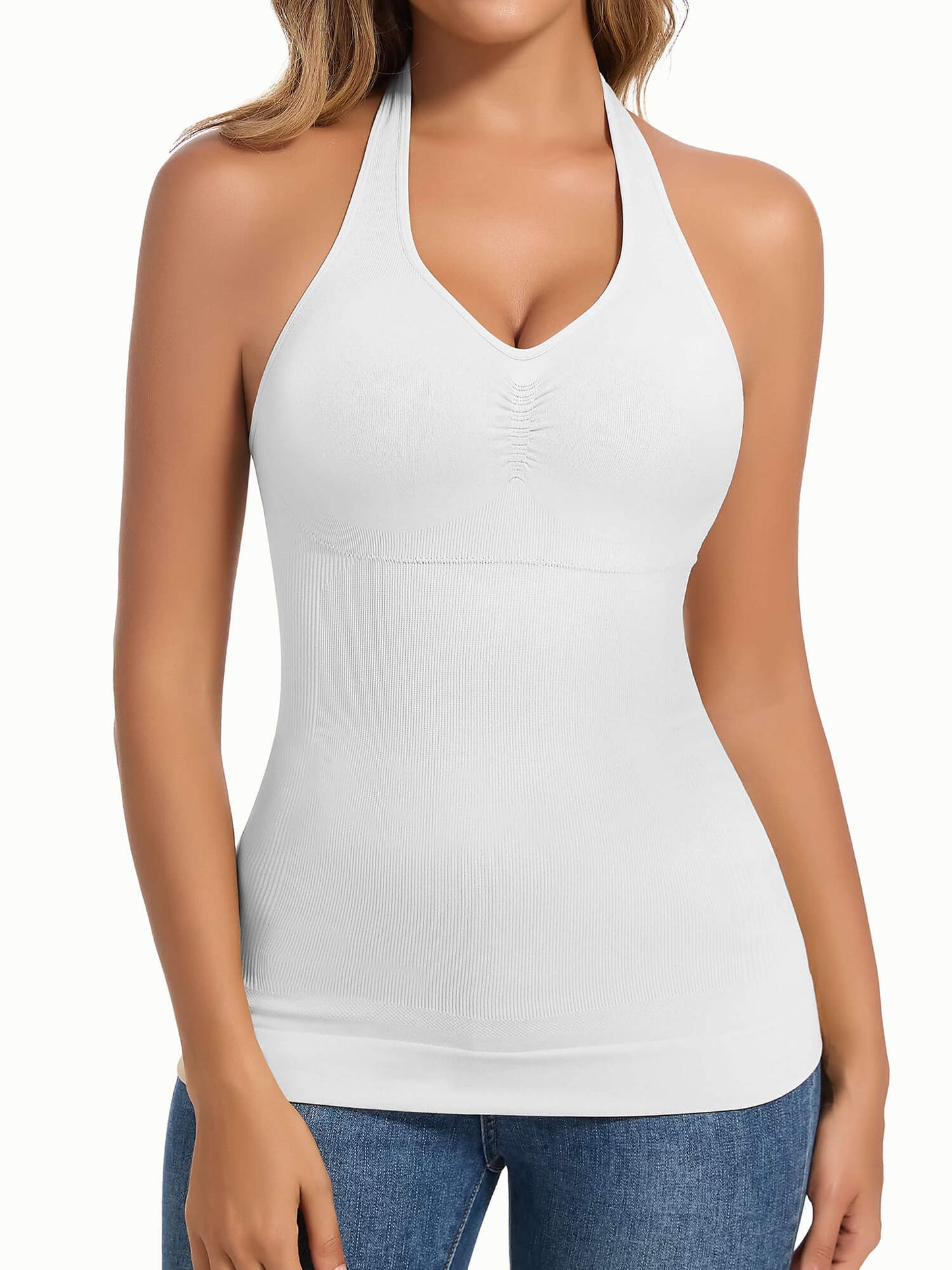 MANIFIQUE Halter Tops for Women with Built in Bras V Neck Slim Fit Cami Backless Trendy Going Out Tops
