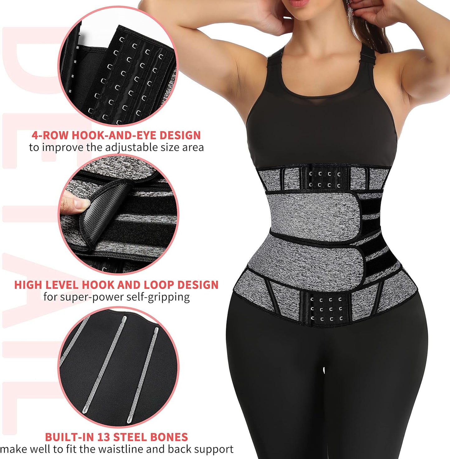 MANIFIQUE Waist Trainer for Women Shapewear Tummy Control Neoprene Workout 2 Belt With Hook 13 Steel Bones for Postpartum Gym