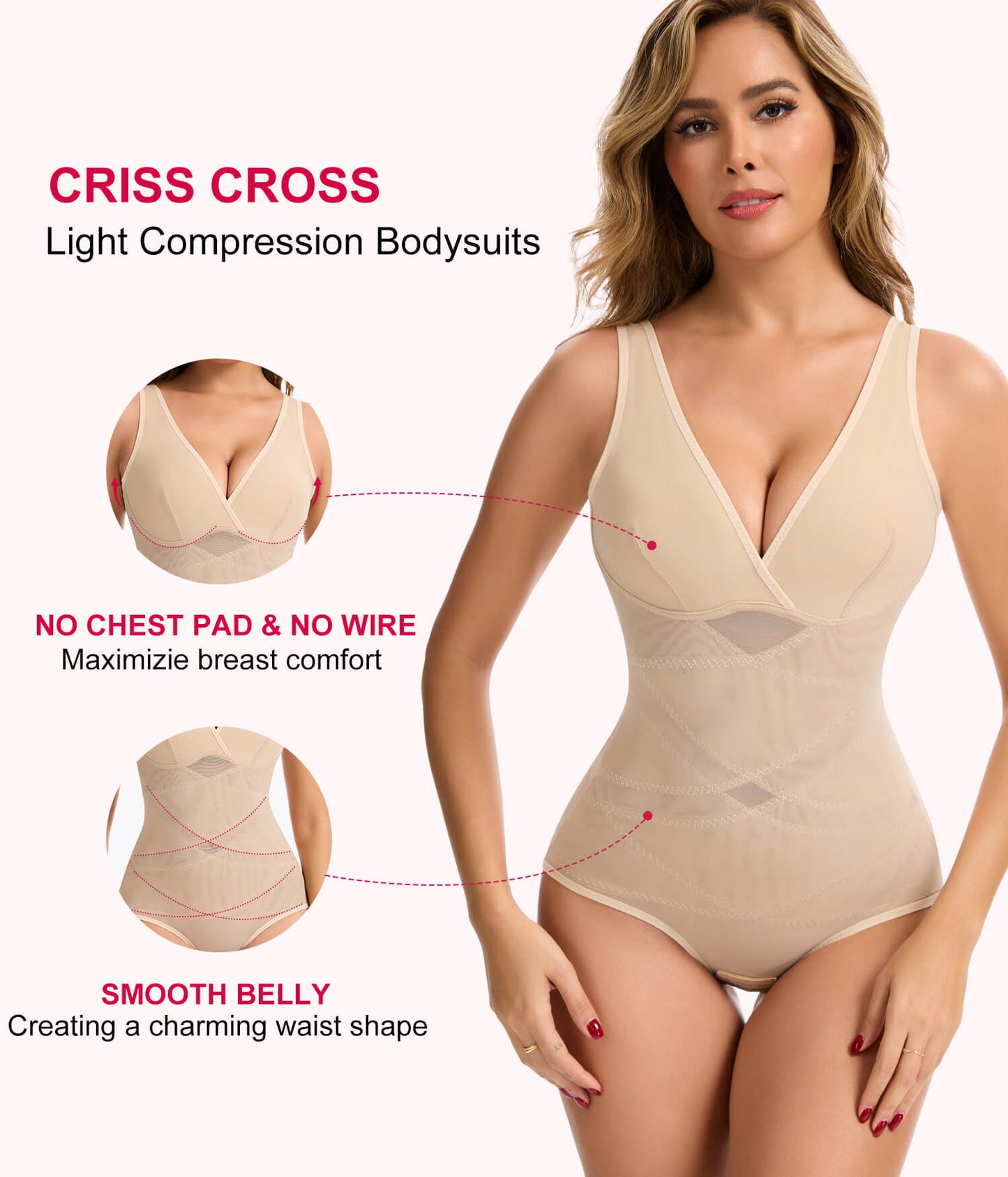 Vaslanda Shapewear Bodysuits for Women Tummy Control Faja Body Shaper Waist Trainer V Neck Body Suit with Built in Bra