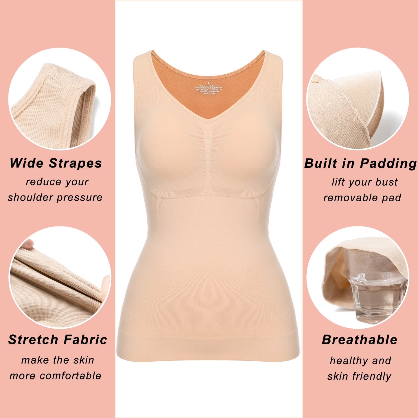 COMFREE Shapewear Camisoles with Built in Bra Tummy Control Compression Tank Tops for Women Body Shaper Padded Tanks
