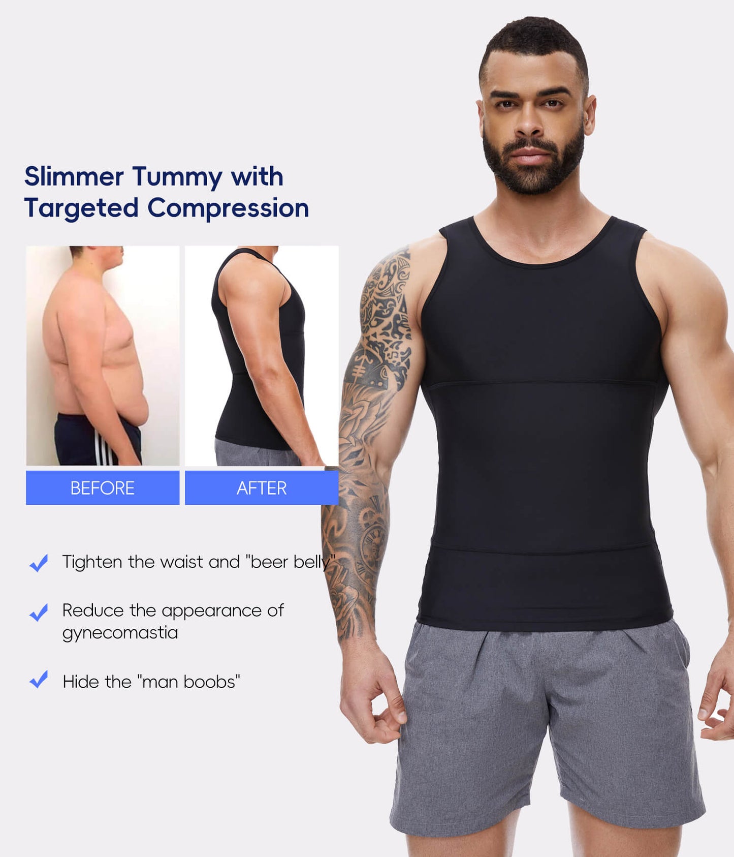 MANIFIQUE Gynecomastia Compression Shirts for Men, Tank Top Tummy Control Body Shaper, Slimming Undershirt