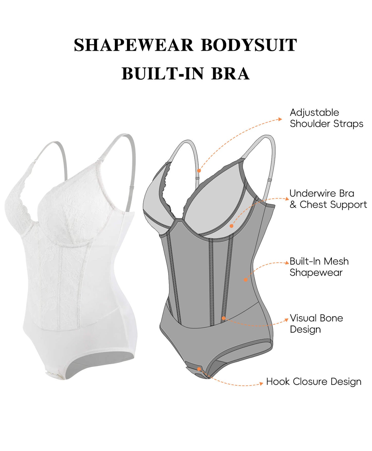 MANIFIQUE Corset Bodysuit Built in Bra - V Neck Bodysuits for Women Tummy Control Shapewear