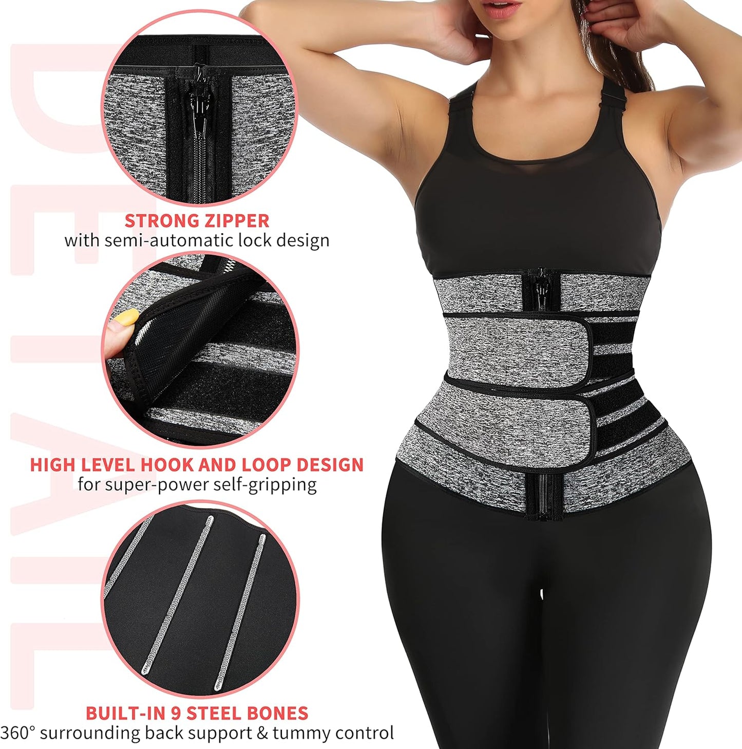 MANIFIQUE Waist Trainer for Women Belly Band Long Torso Sauna Workout 2 Belt With Zipper 9 Steel Bones Corset