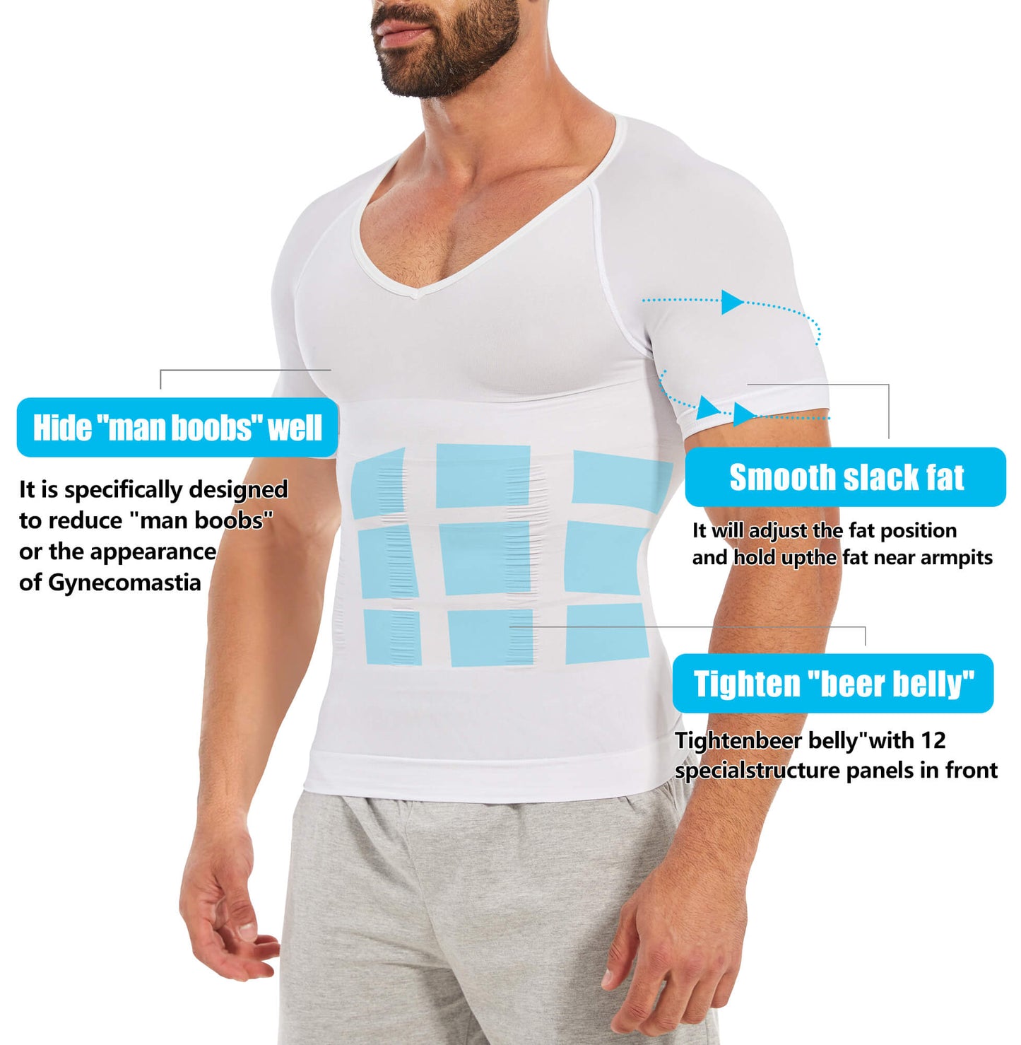 MANIFIQUE Gynecomastia Compression Shirts for Men, Shapewear Slimming Body Shaper Undershirt, V-Neck Baselayer T-Shirt Workout