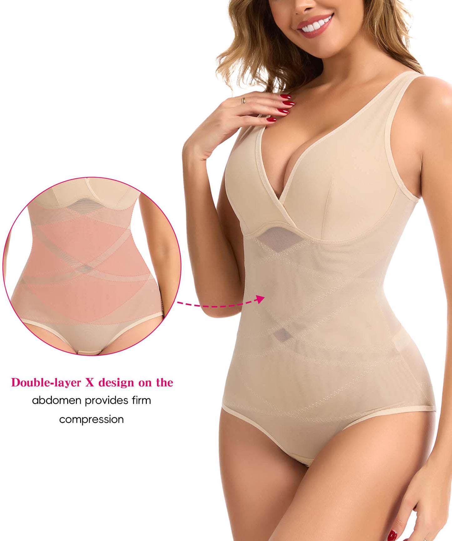 MANIFIQUE Shapewear for Women Tummy Control Bodysuit Faja Body Shaper Waist Trainer V Neck Body Suit with Built in Bra