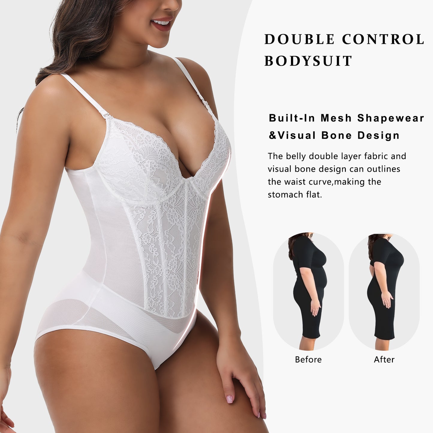 MANIFIQUE Corset Bodysuit Built in Bra - V Neck Bodysuits for Women Tummy Control Shapewear