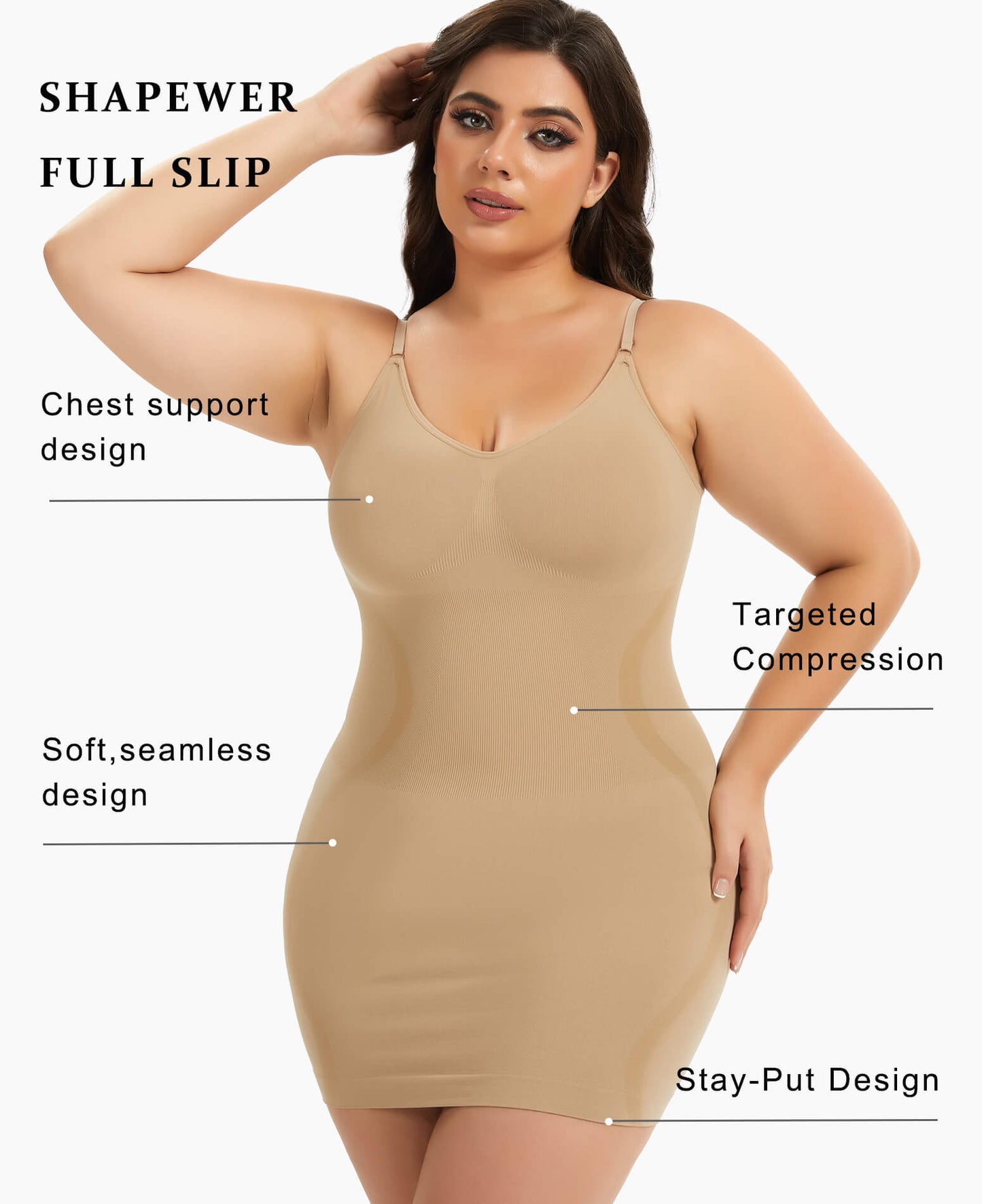 MANIFIQUE Plus Size Shapewear Slip Dress for Women Under Dress Seamless Tummy Control Smoothing V-Neck Cami Dress