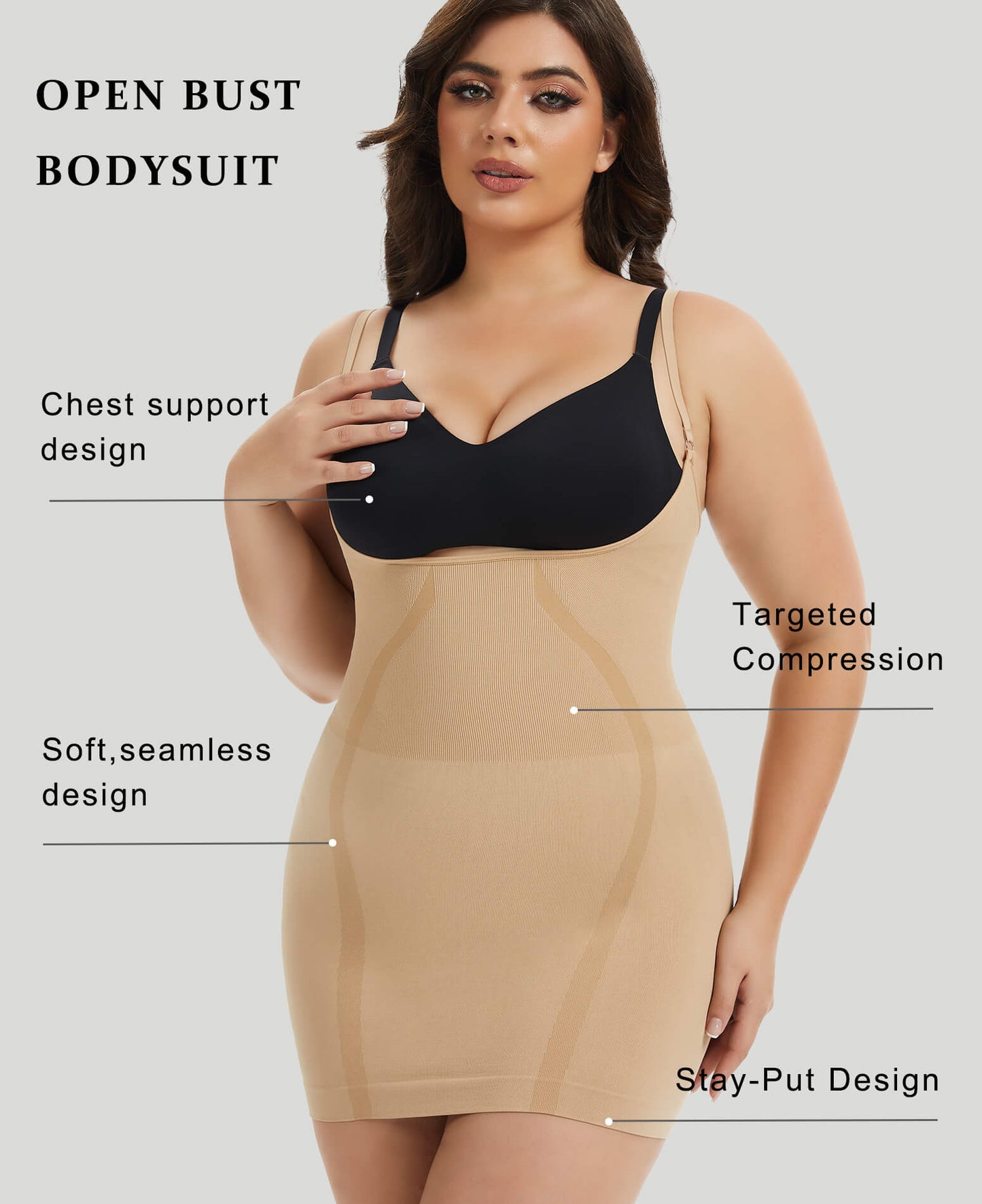 MANIFIQUE Plus Size Open Bust Full Slip - Breathable Body Shapewear - Medium Compression - Anti-Slip Construction
