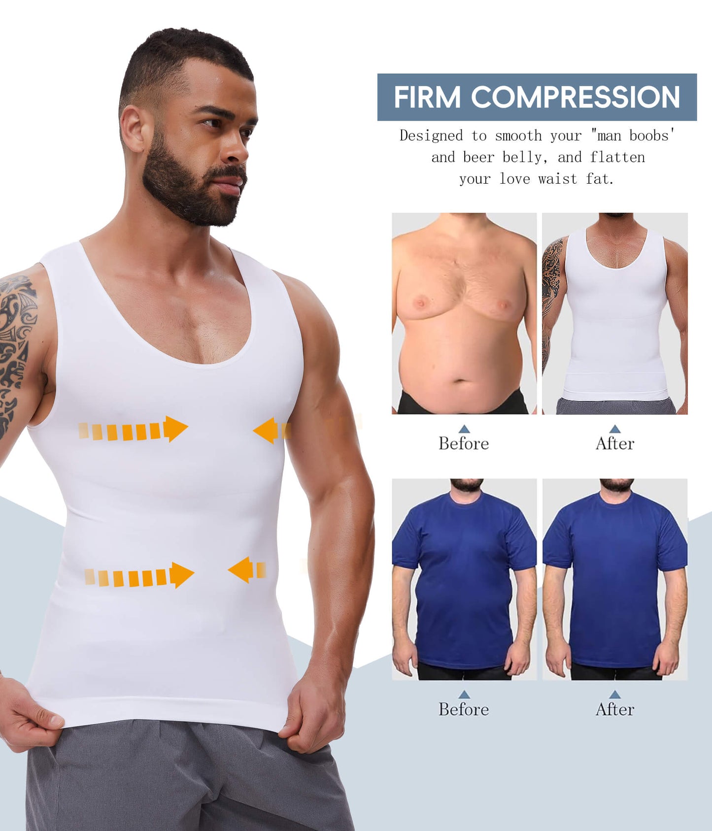 MANIFIQUE 2 Packs Gynecomastia Compression Shirts for Men - Sleeveless Slimming Undershirts Tummy Control and Body Shaper Tank Top