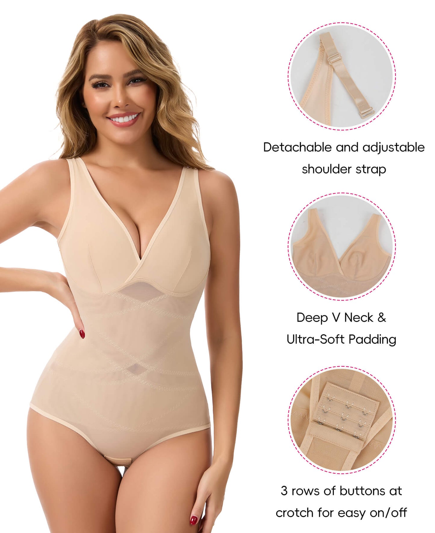 MANIFIQUE Shapewear for Women Tummy Control Bodysuit Faja Body Shaper Waist Trainer V Neck Body Suit with Built in Bra