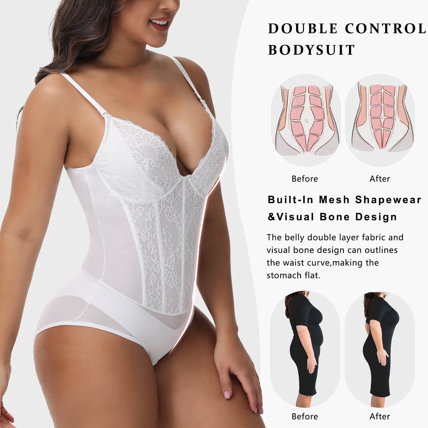 MANIFIQUE Corset Bodysuit Built in Bra - V Neck Bodysuits for Women Tummy Control Shapewear