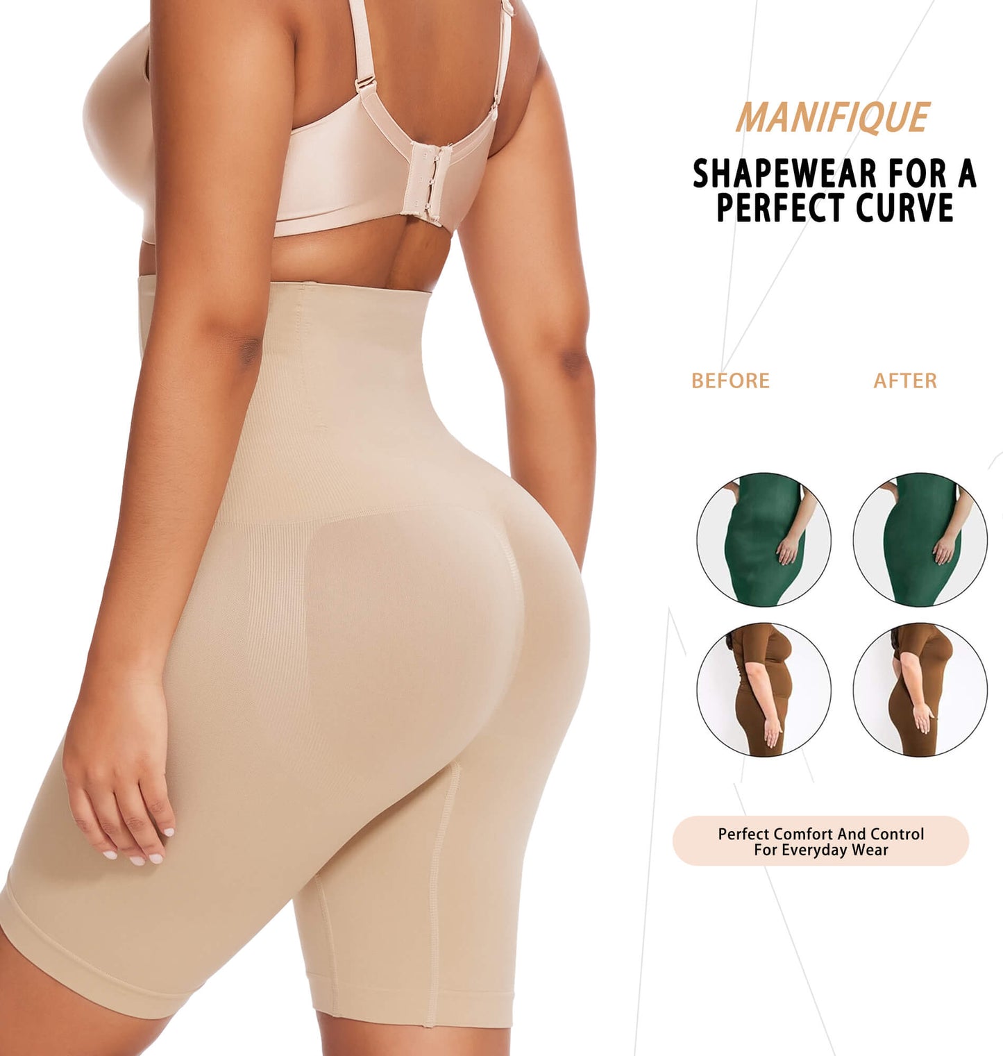 MANIFIQUE Shapewear for Women Tummy Control, High Waisted Faja Body Shaper Shorts Thigh Slimmer Girdle