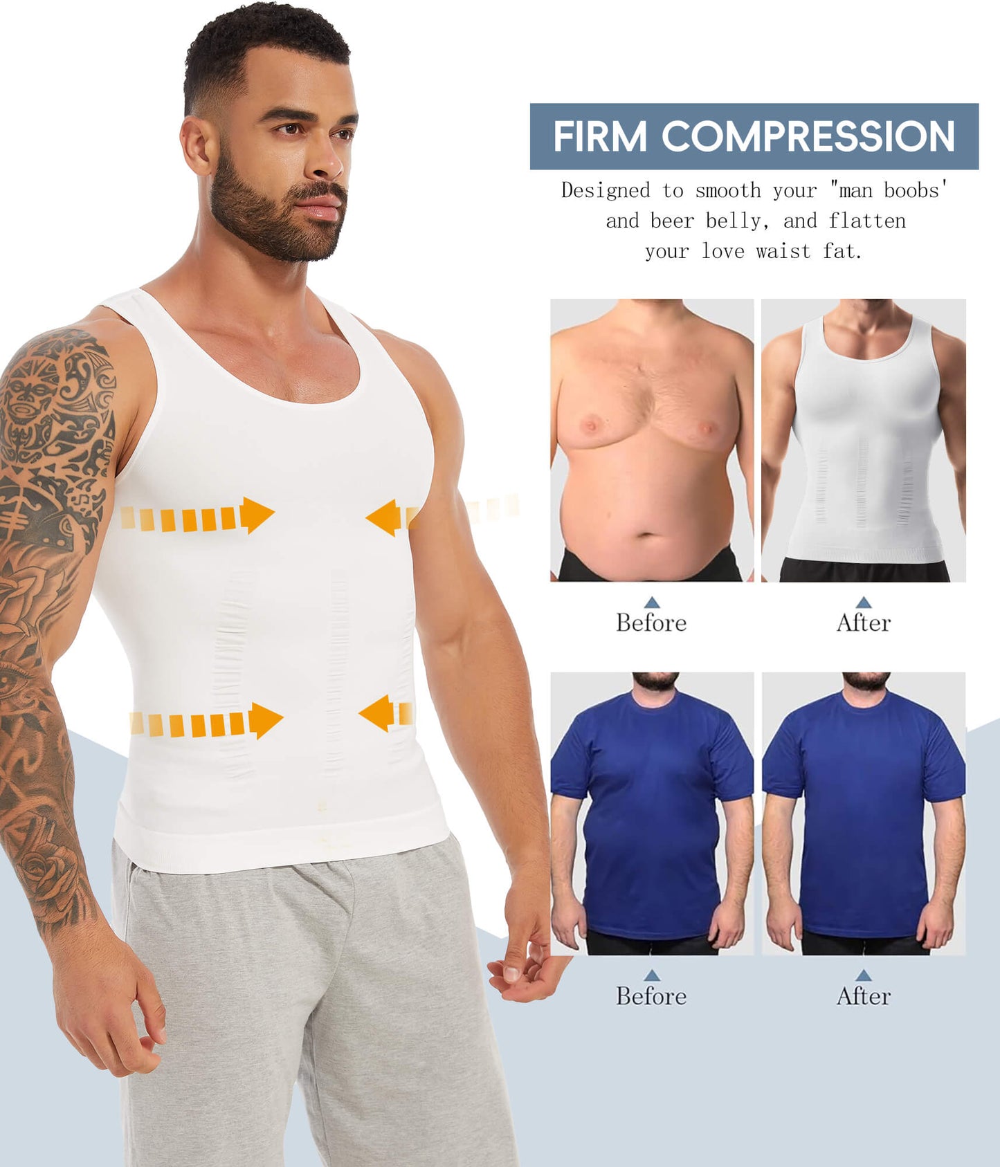 MANIFIQUE 2 Packs Compression Shirts for Men Gynecomastia Tank Tops Body Shaper Vest Slimming Base Layer Belly Control Undershirt