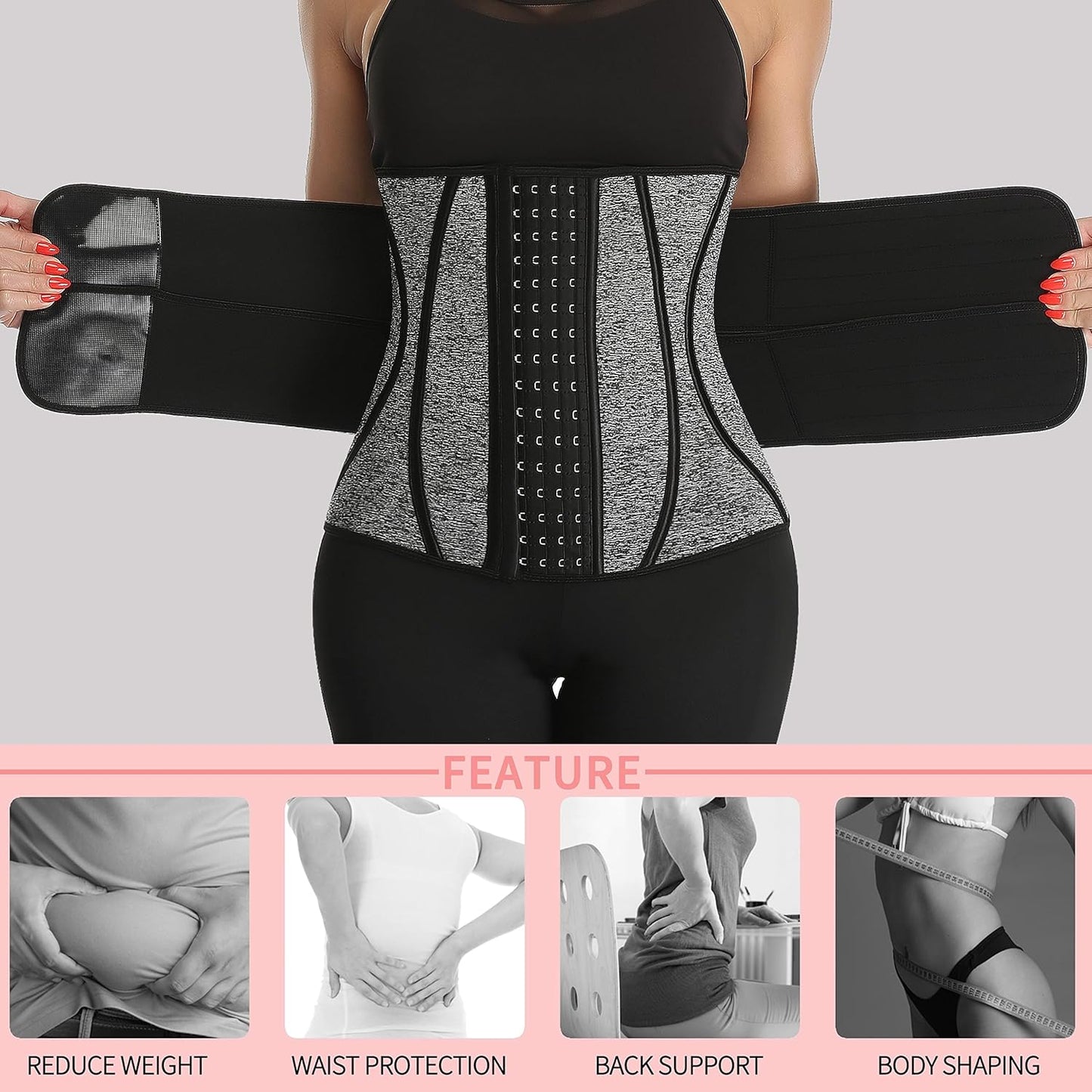 MANIFIQUE Waist Trainer for Women Shapewear Tummy Control Neoprene Workout 2 Belt With Hook 13 Steel Bones for Postpartum Gym