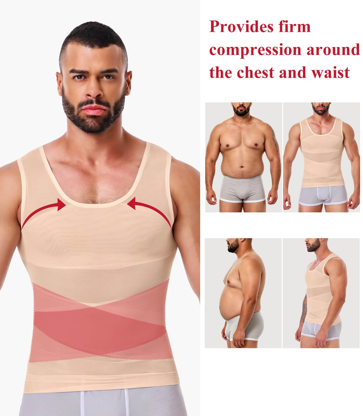 MANIFIQUE Mens Compression Shirt for Gynecomastia - Slimming Undershirts Body Shaper Vest Mesh Shapewear Workout Tops
